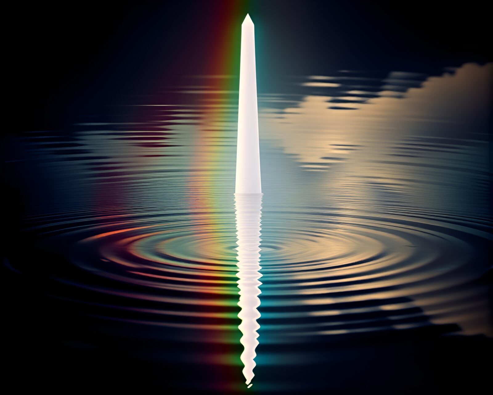 Rainbow-hued obelisk casts vibrant reflection on rippling surface