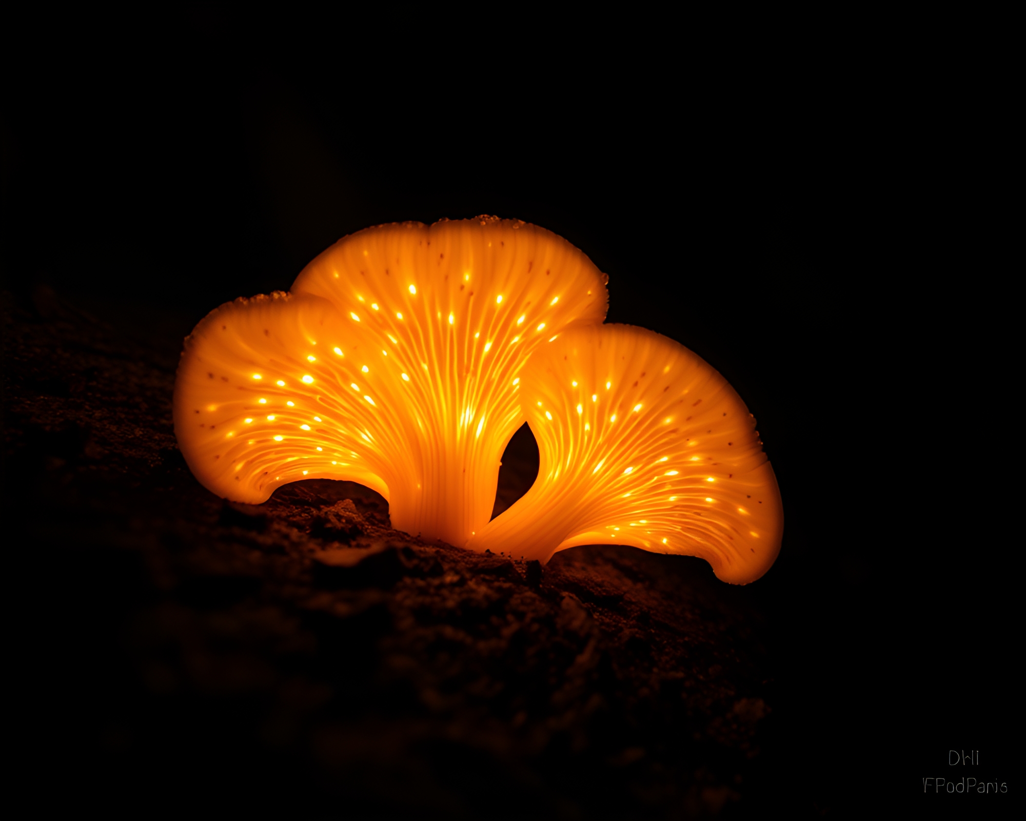 Enchanting Bioluminescent Fungi Amongst Intricate Wood Grains – free AI stock image