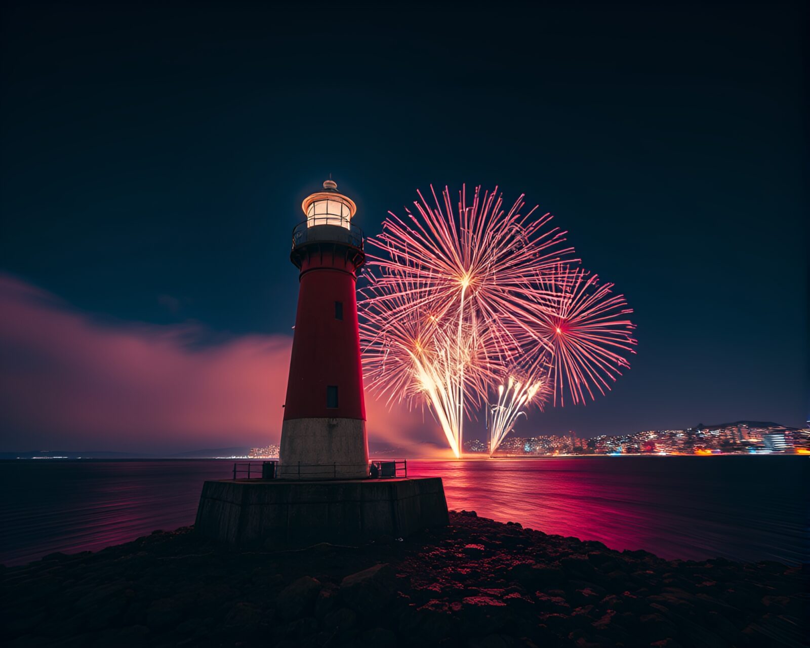 Glowing fireworks bursts over an eerie, deserted lighthouse at night