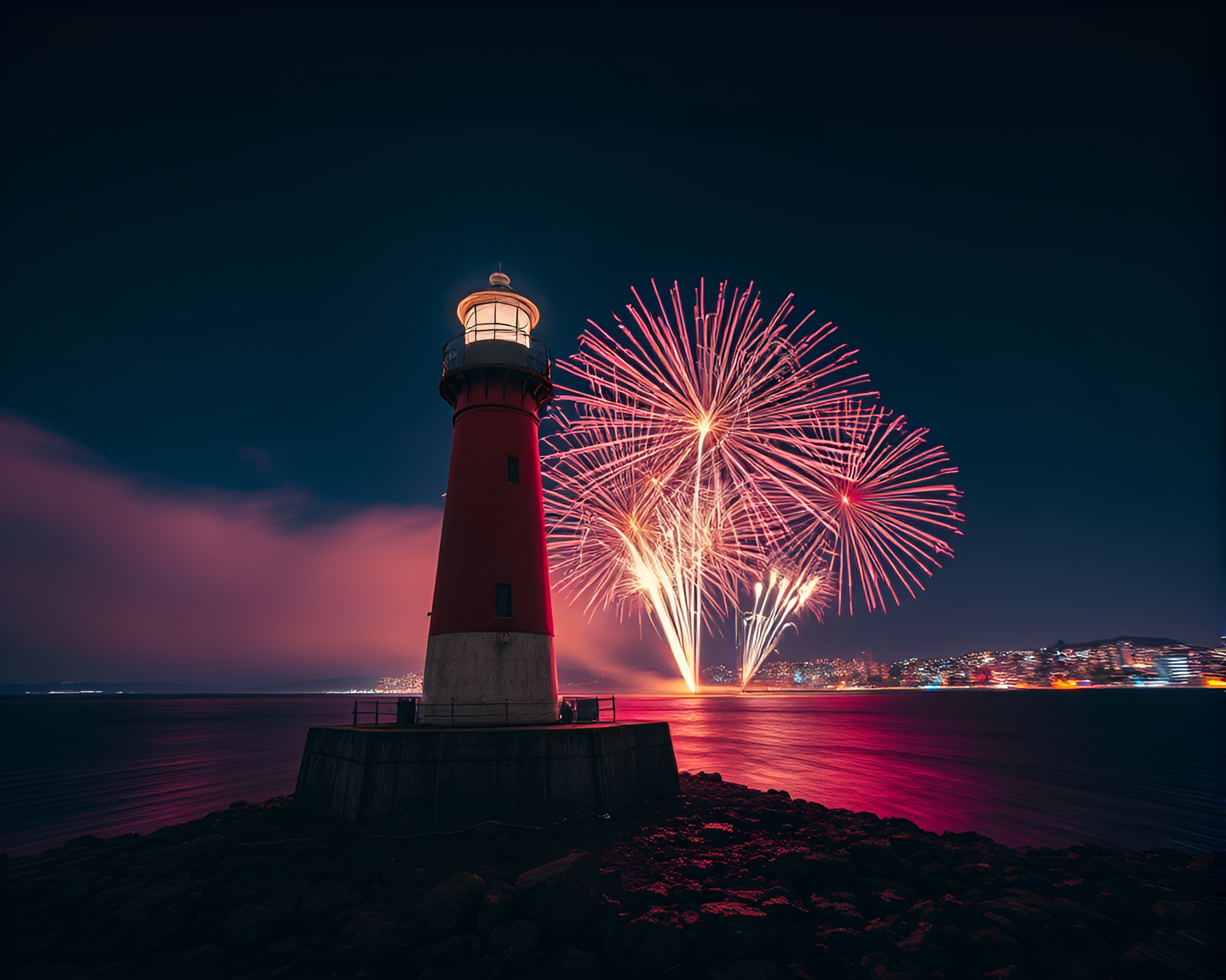 Abandoned Lighthouse Illuminated by Neon City Fireworks – free AI stock image