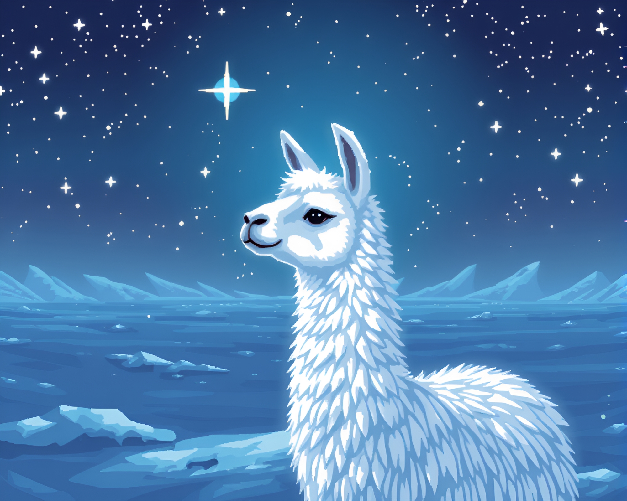 Llama under pixelated starlit sky with ice crystals – free AI stock image
