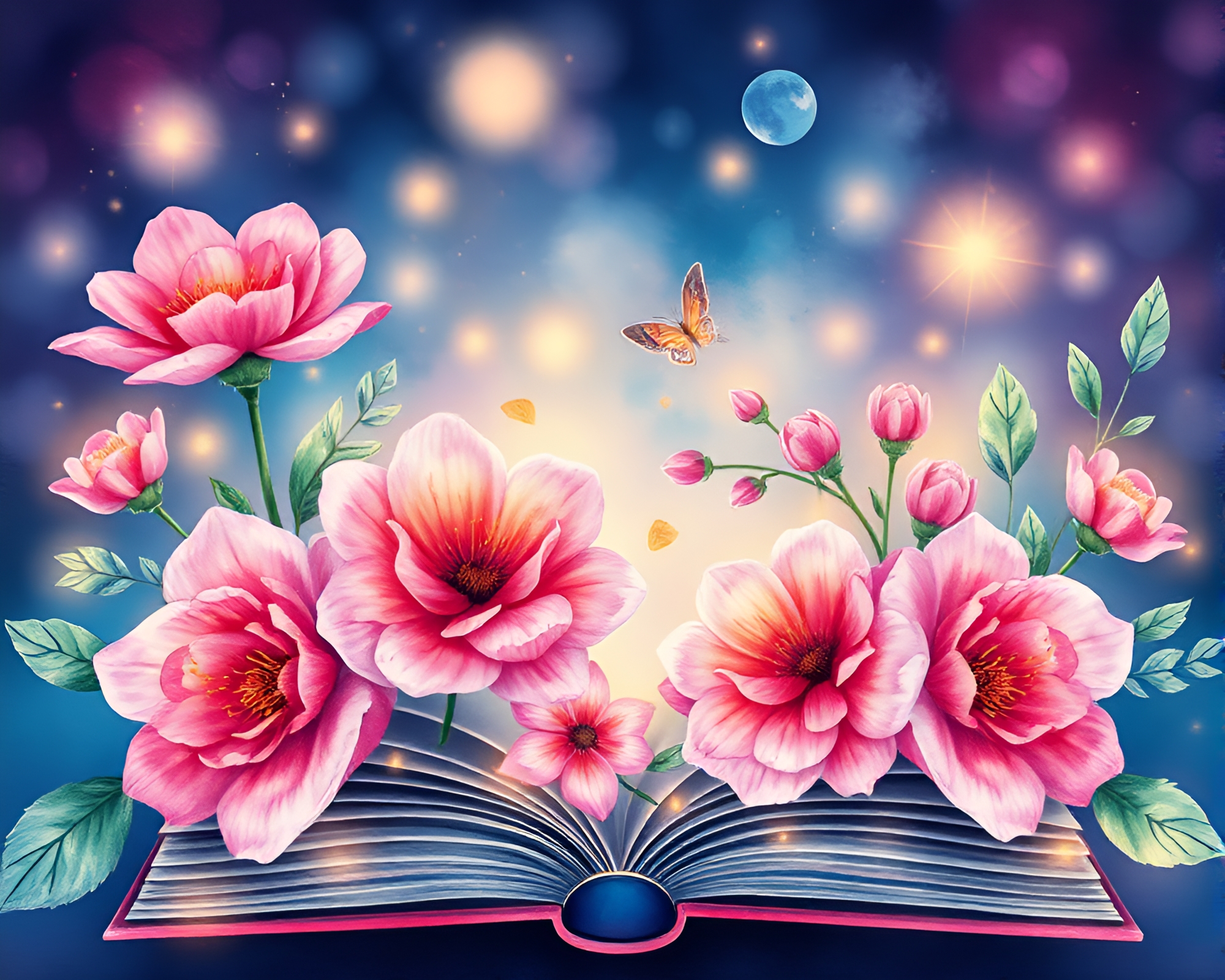 Enchanted Book in Tri-Tone Watercolor Blooms – free AI stock image