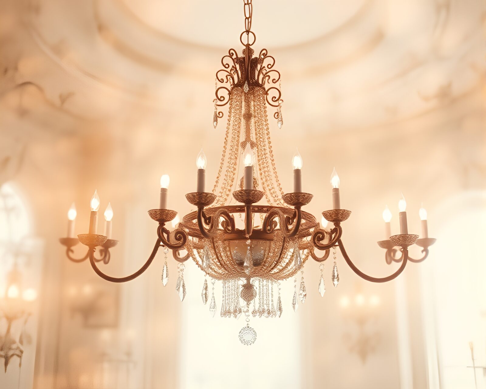 Elegant chandelier glowing amidst swirling fractal patterns and grain overlay
