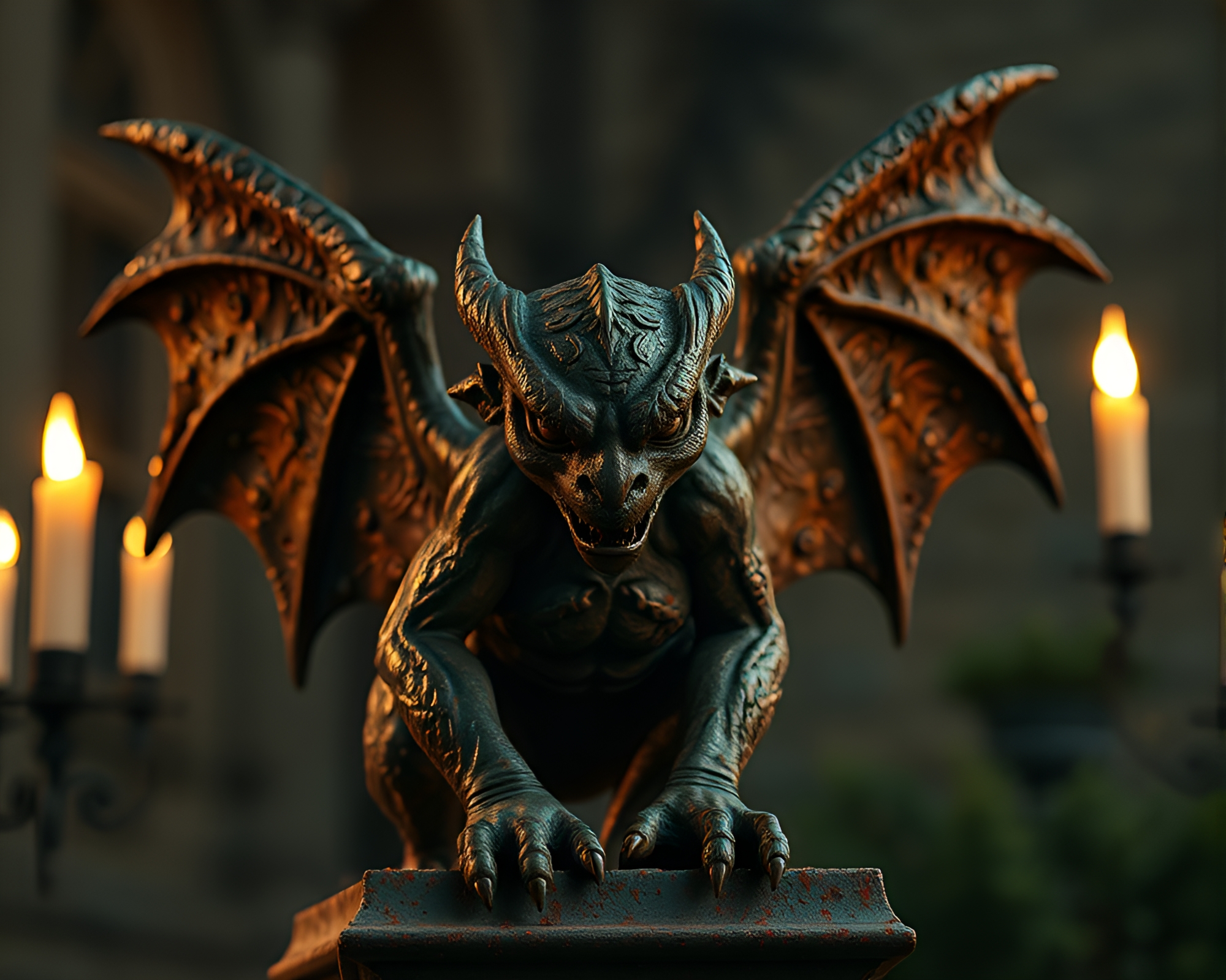 Rustic Gargoyle Statue Illuminated by Op Art Candlelight – free AI stock image