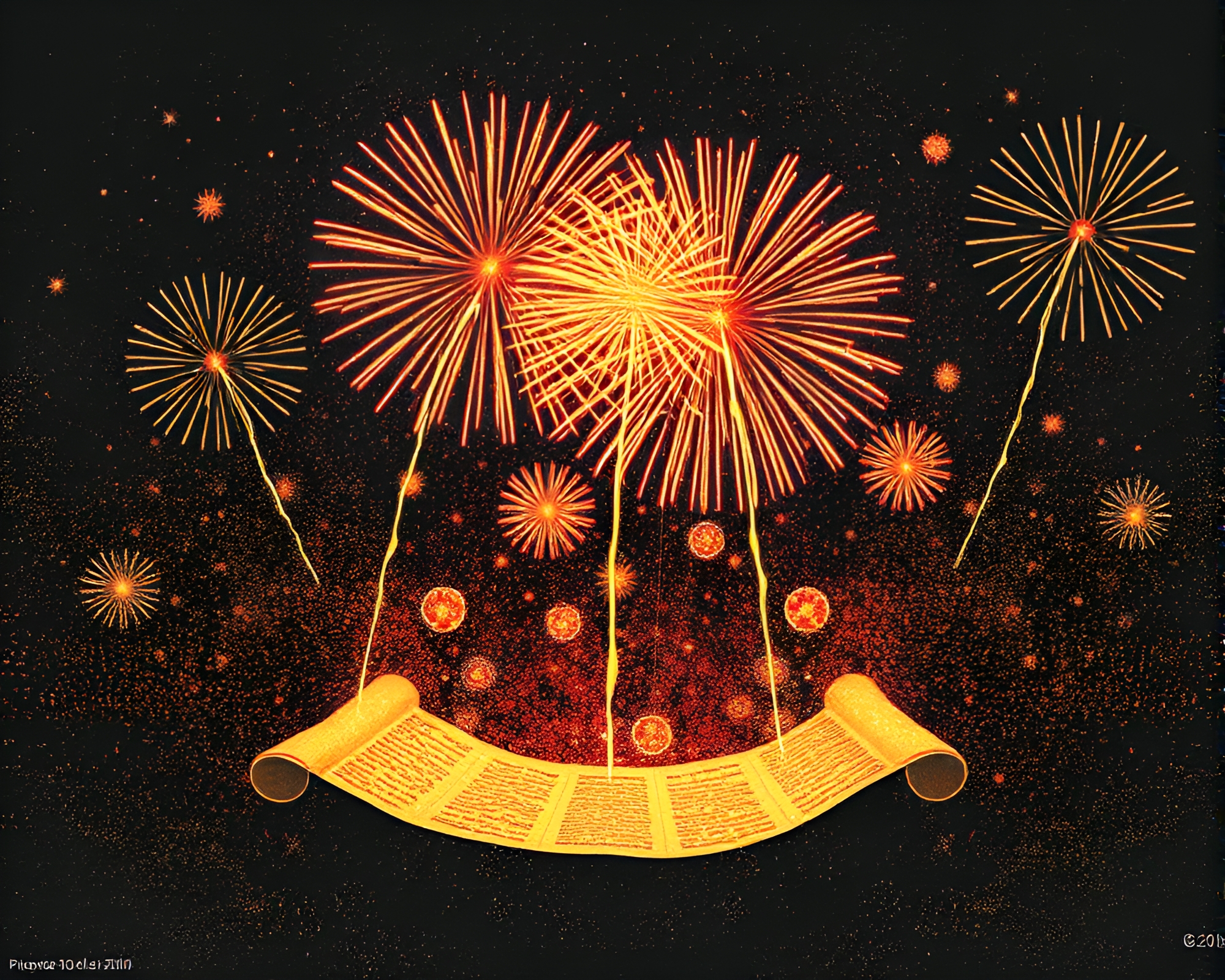 Ancient Scroll Unfolding at Festival Fireworks with Etching Style – free AI stock image