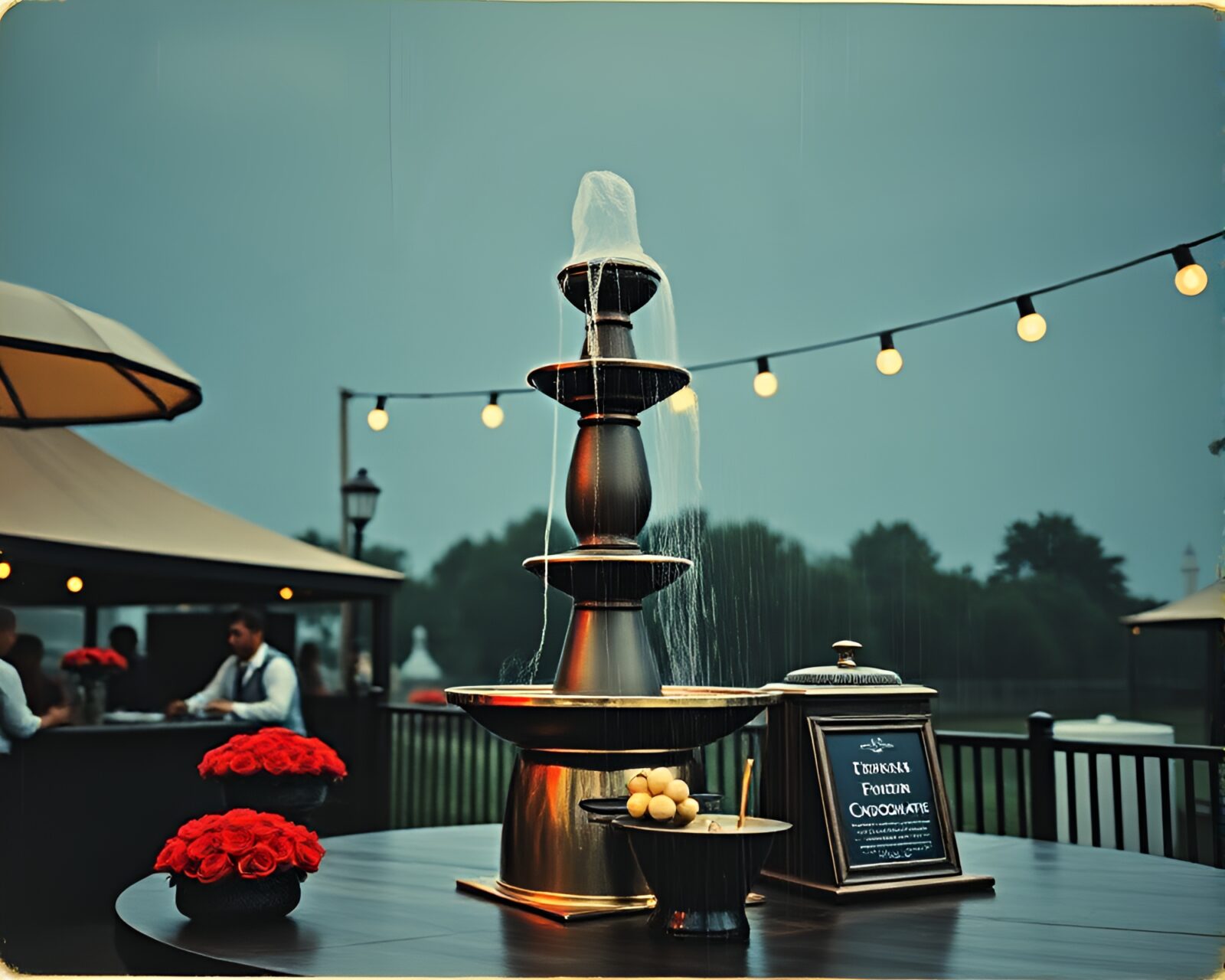 Faded denim-toned image of chocolate fountain in woodblock style