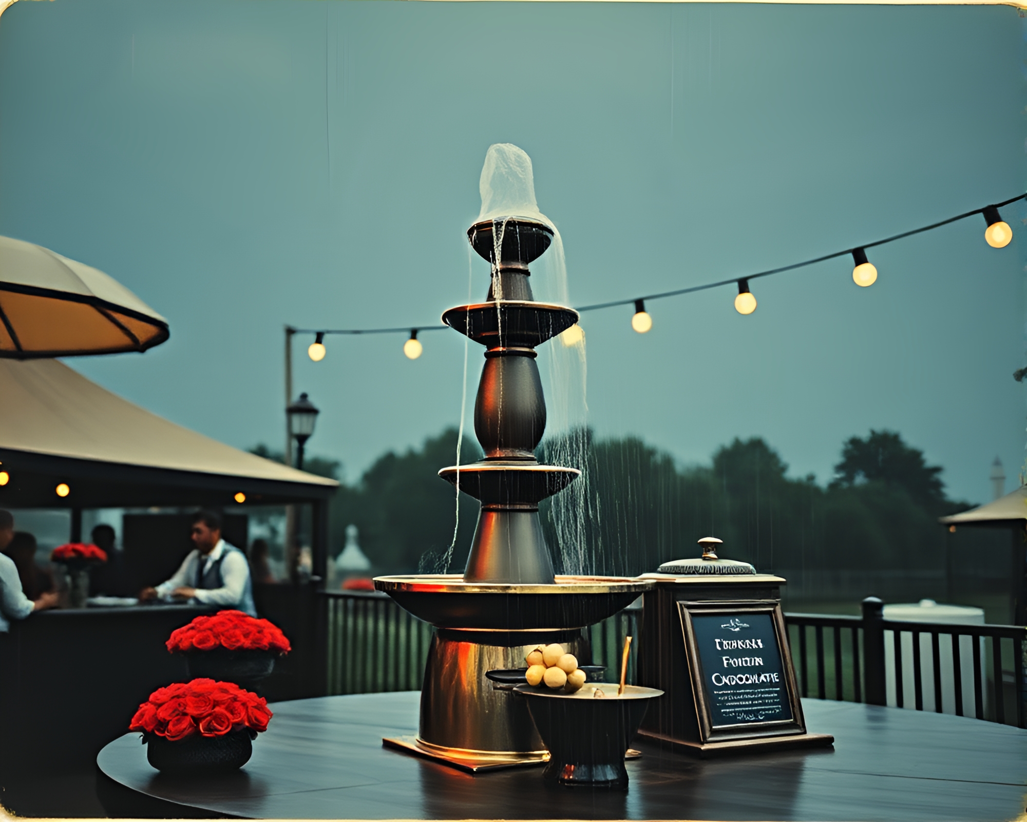 Chocolate Fountain in Wide-Angle Woodblock Print – free AI stock image