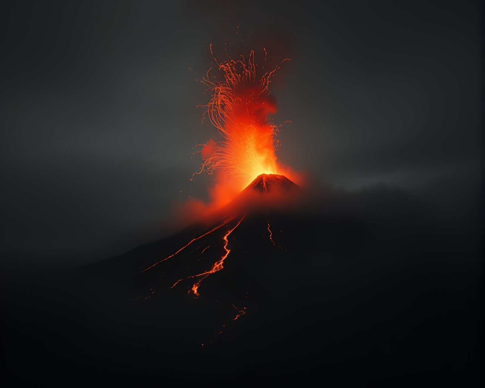 An eerie scene of a volcanic eruption seen through distorted glass