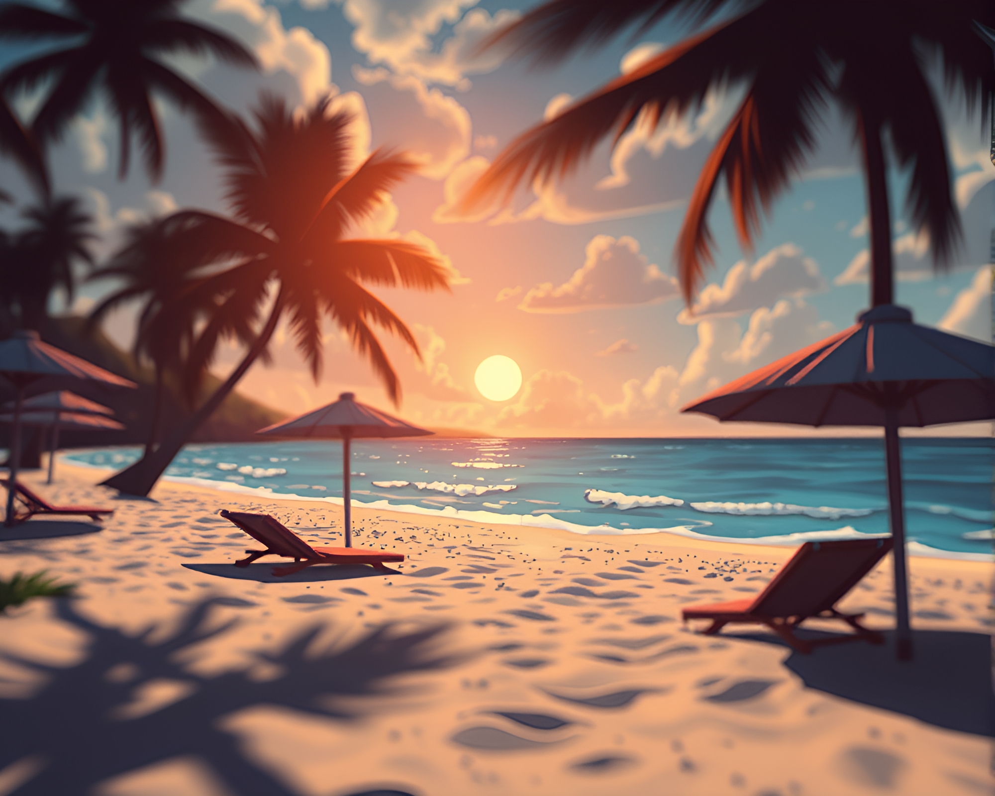 Sunset Beach Adventure: Cartoon Dramatic Scene – free AI stock image