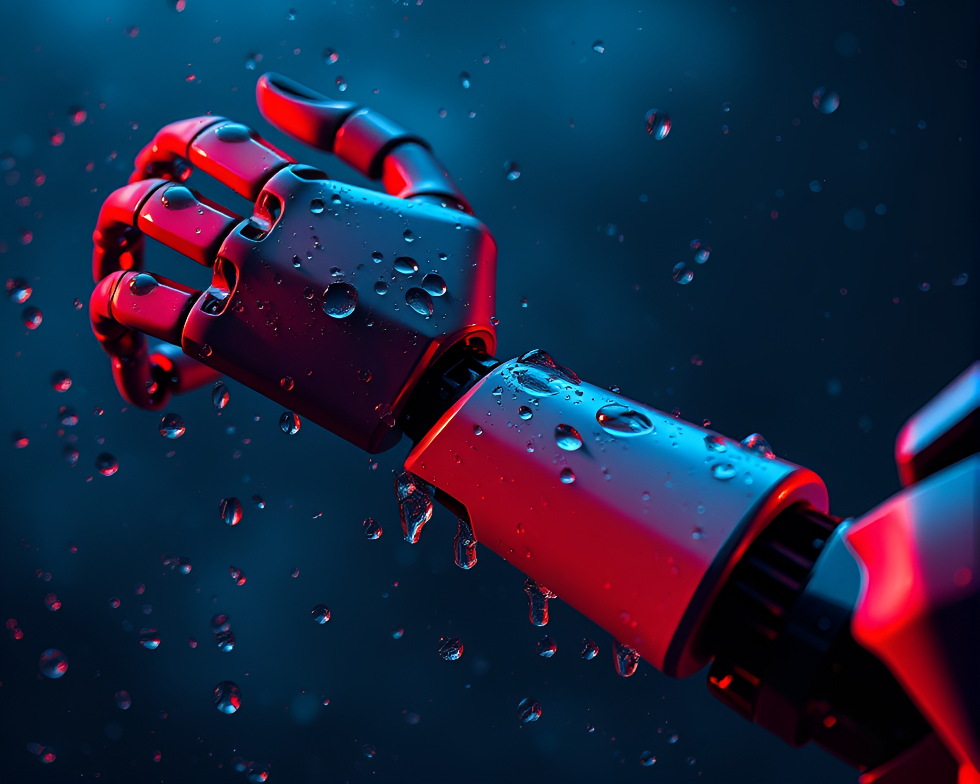 Robot Arm Capturing Falling Water Droplets in Duotone – free AI stock image