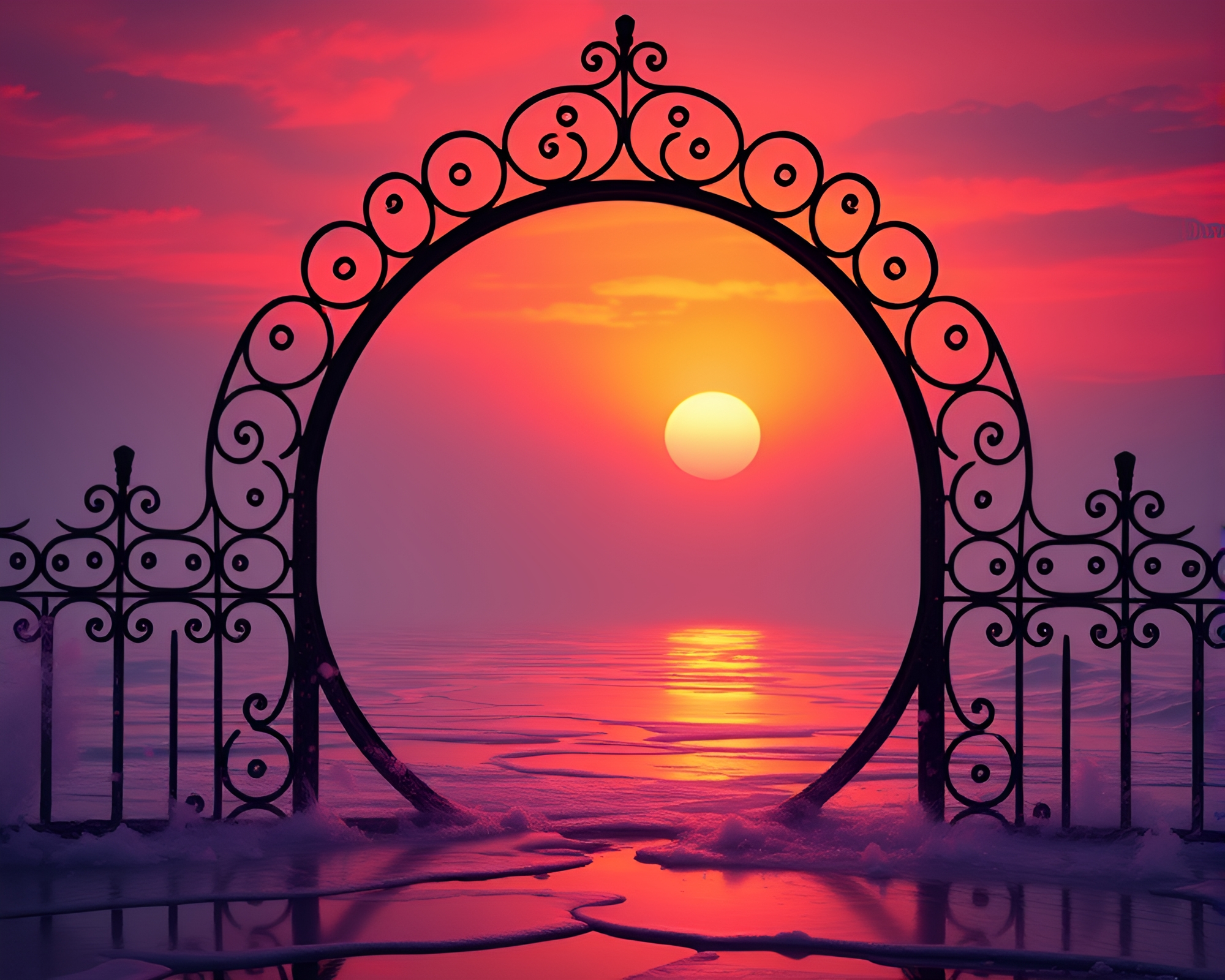 Sunset Elegance: Wrought Iron Gate Circular Frame – free AI stock image