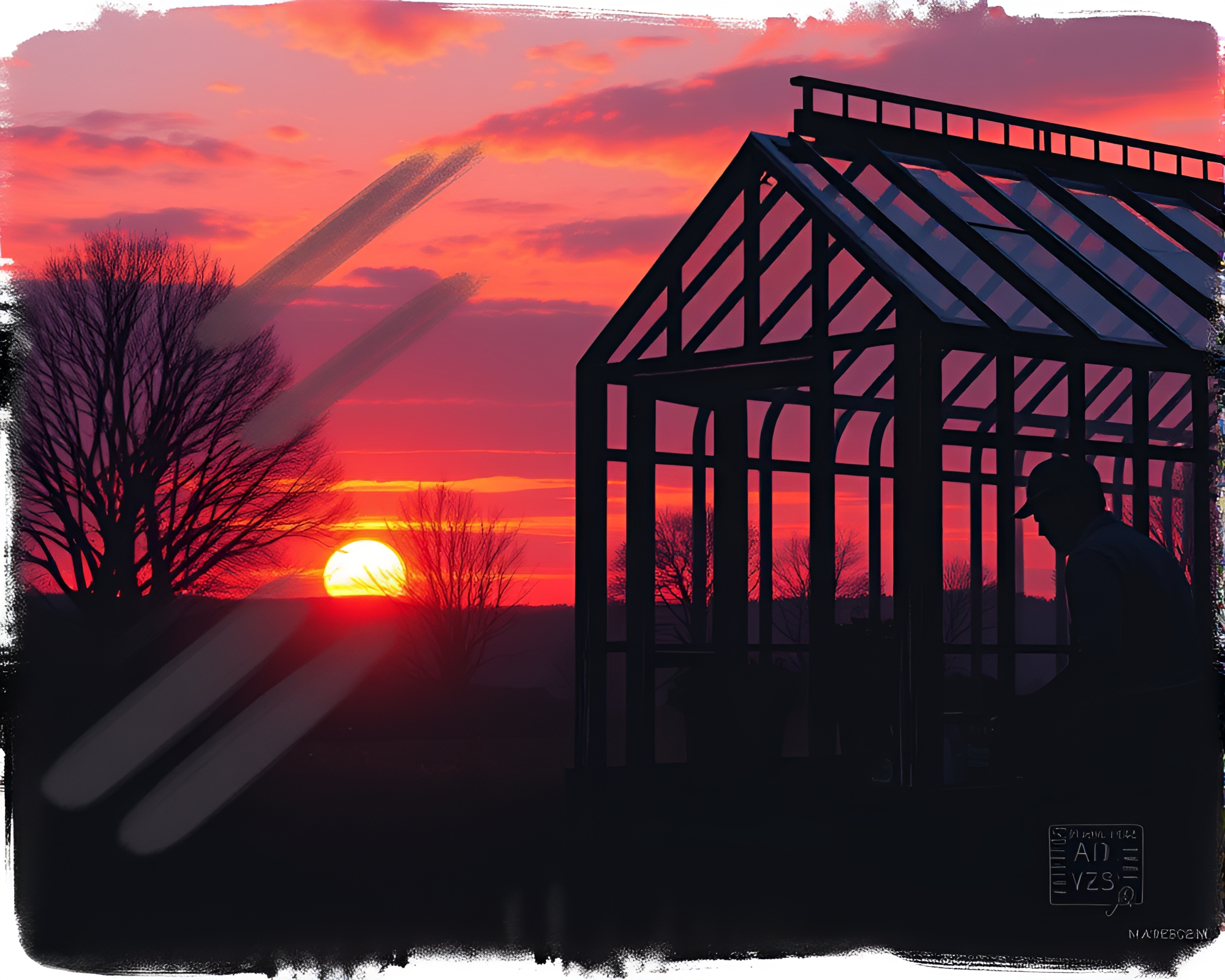 Sunset Glow in Glass Greenhouse with Chalkboard Smudges – free AI stock image