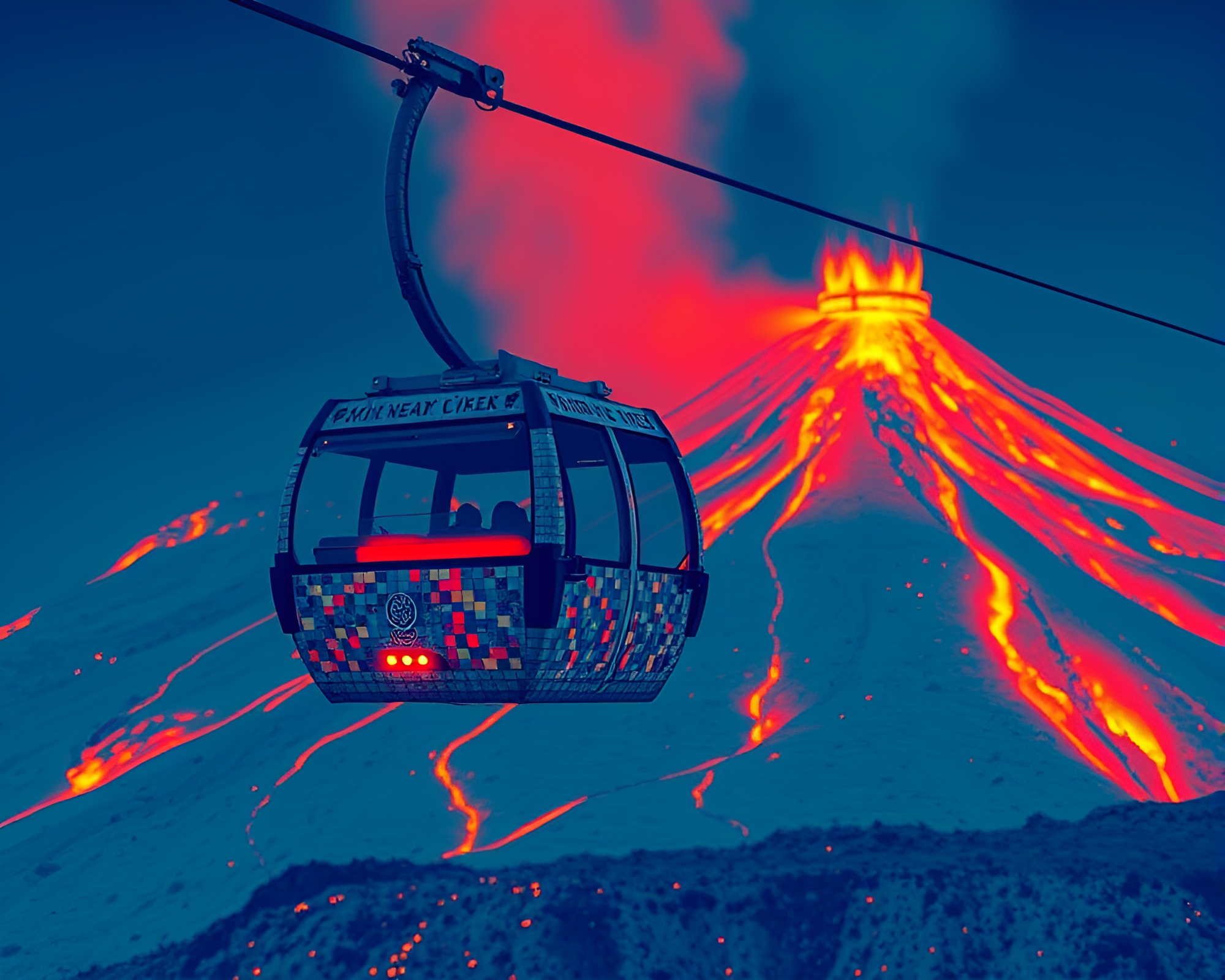 Gondola Lift Amid Volcano-Red Glow Mosaic – free AI stock image