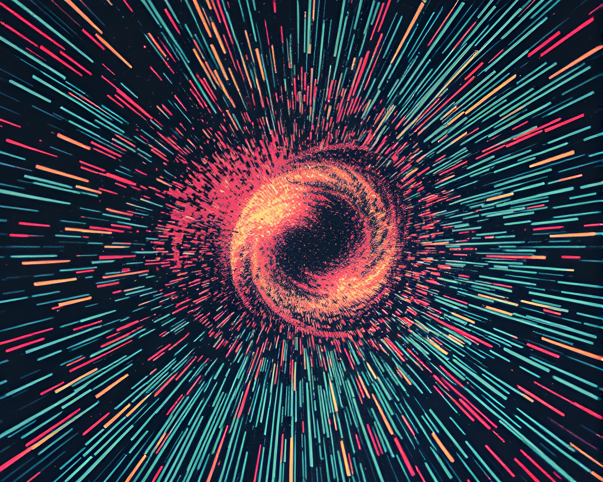 Time Vortex Linocut Holographic Travel Scene – free AI stock image
