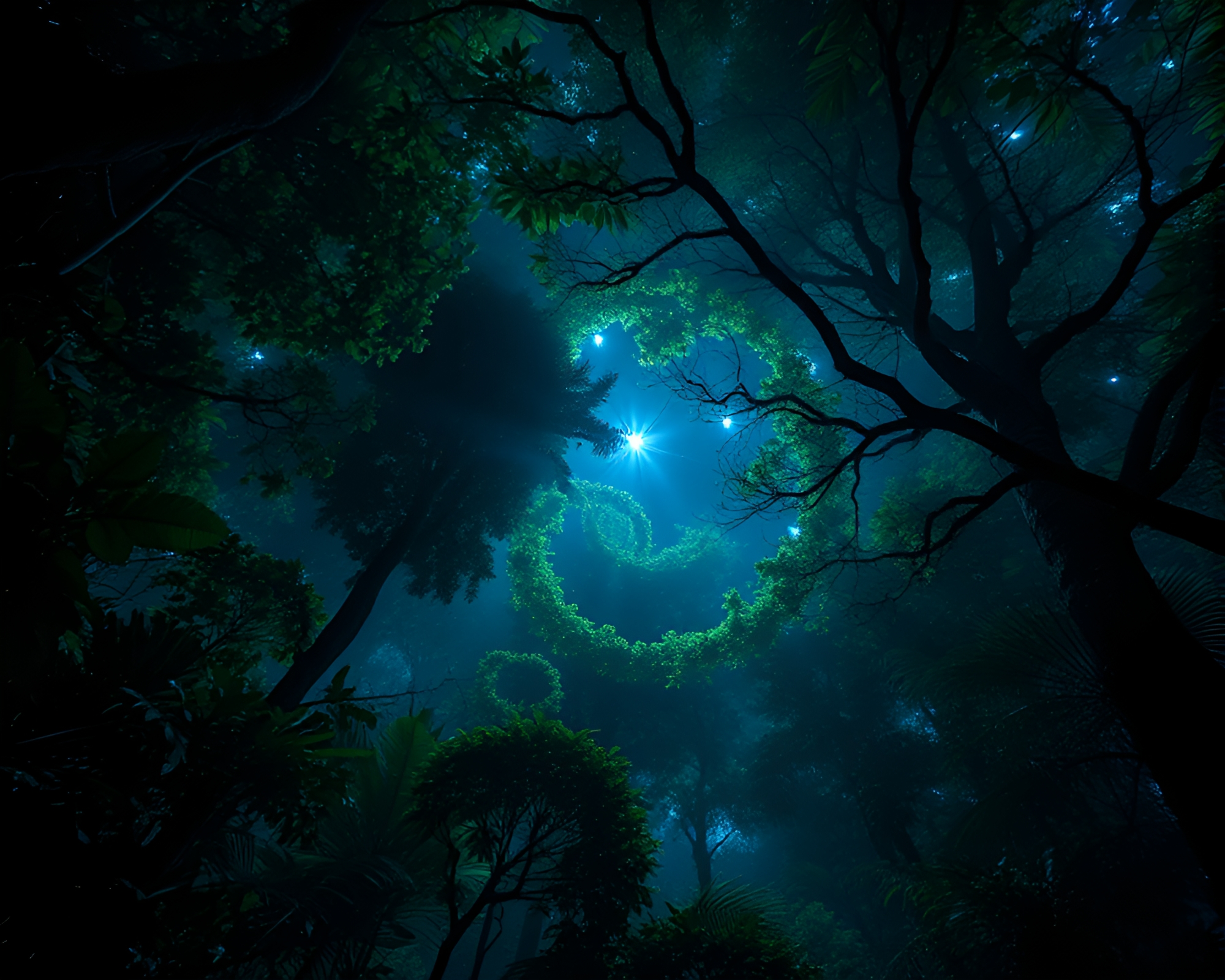 Bioluminescent Rainforest Canopy Spiral Composition – free AI stock image