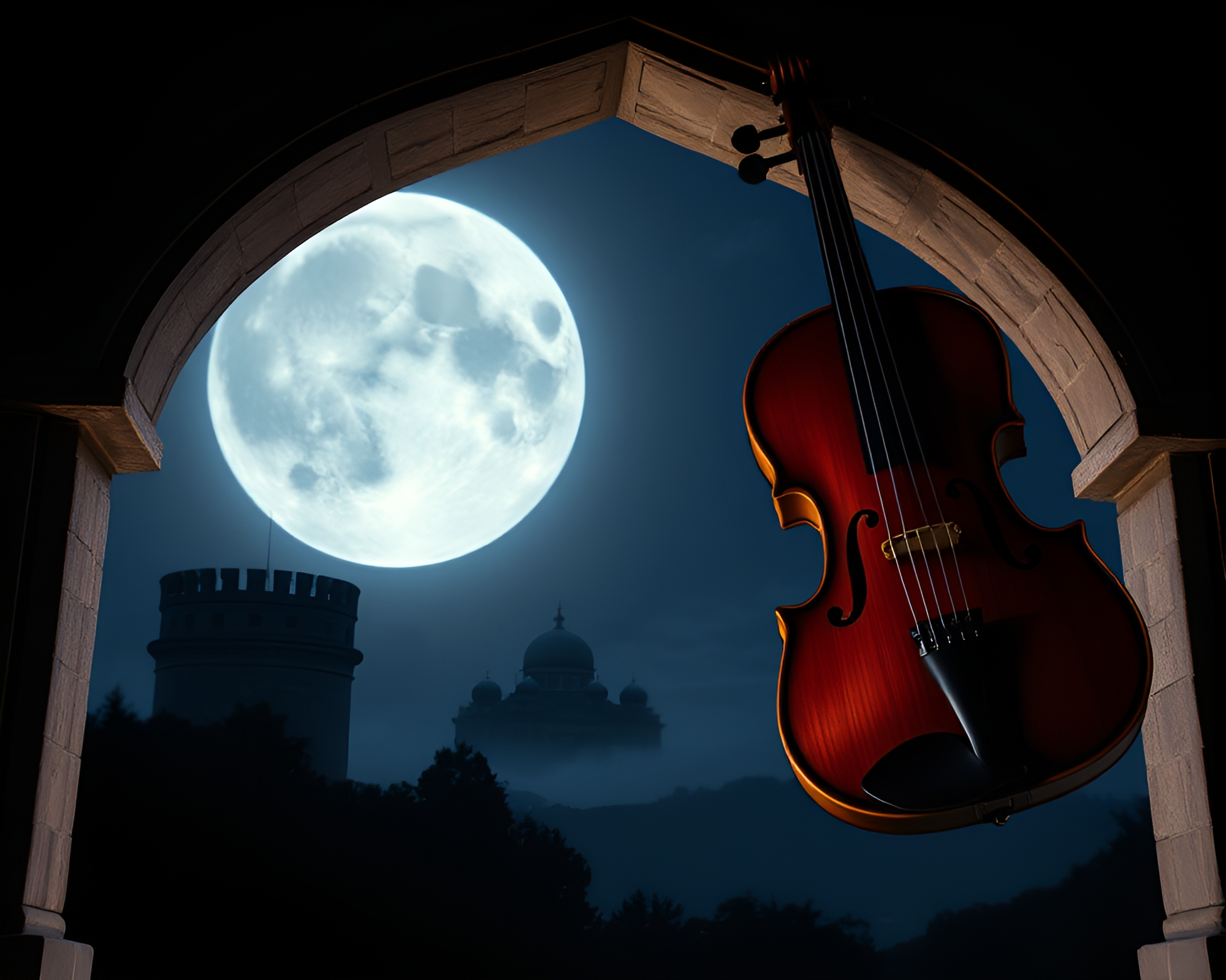 Moonlit Violin within Tri-Tone Architectural Frame – free AI stock image
