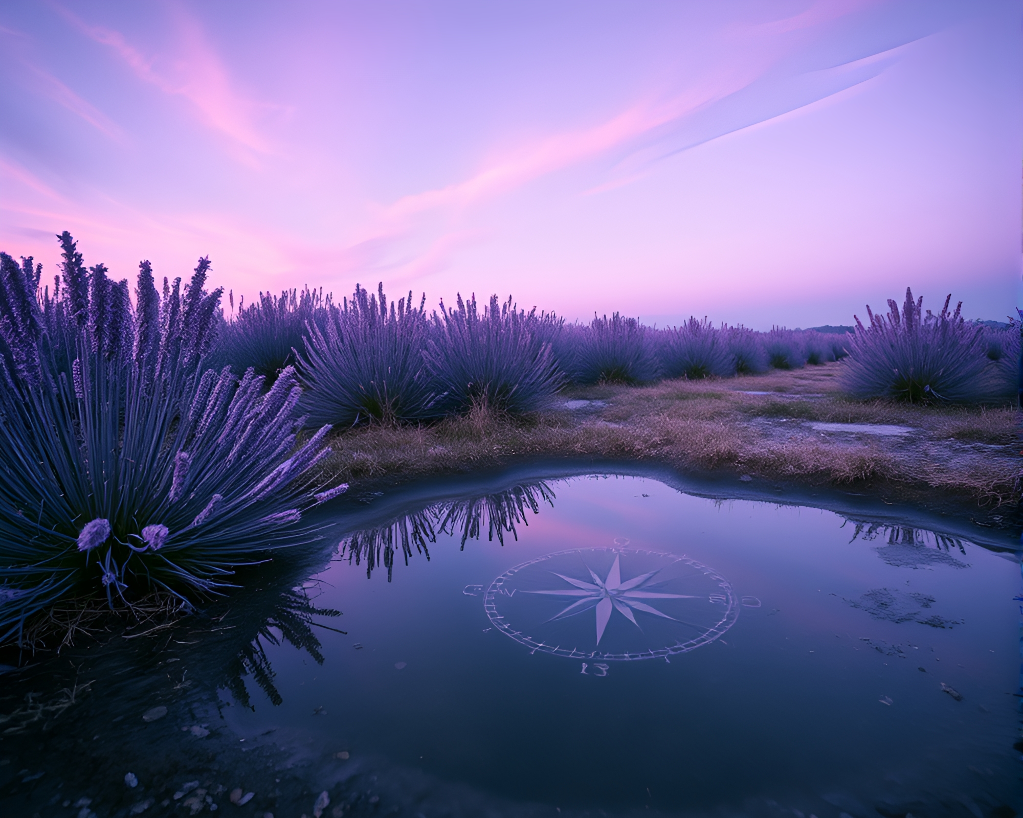 Twilight Compass Reflection in Infrared Puddle – free AI stock image