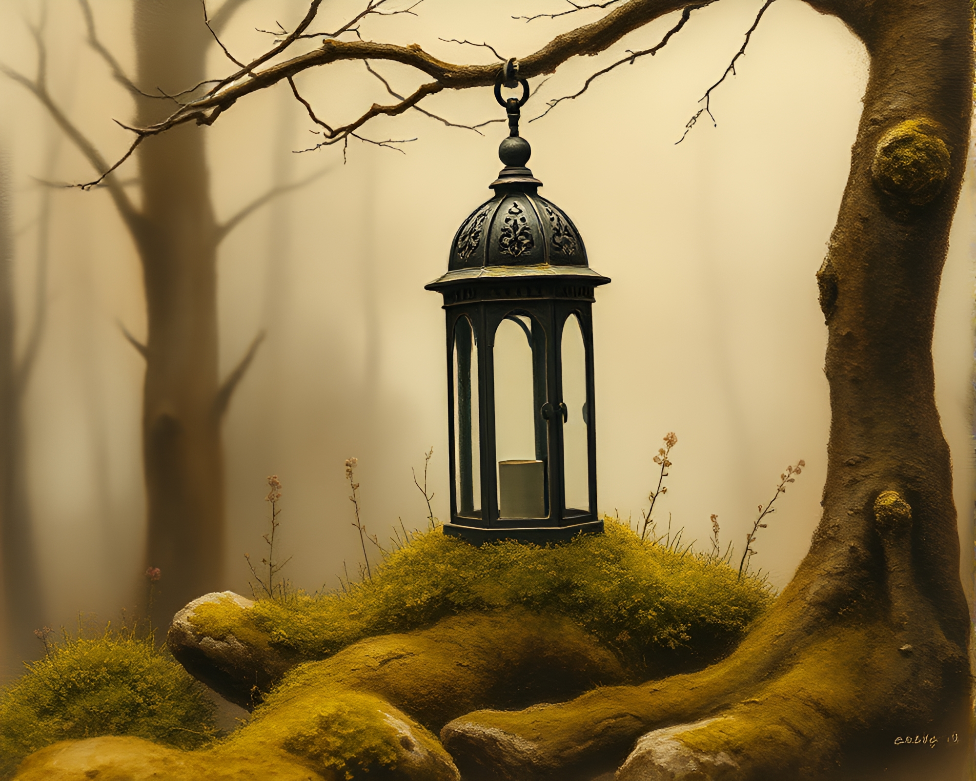 Enchanting Moss Lantern Glows in Sepia Egg Tempera – free AI stock image