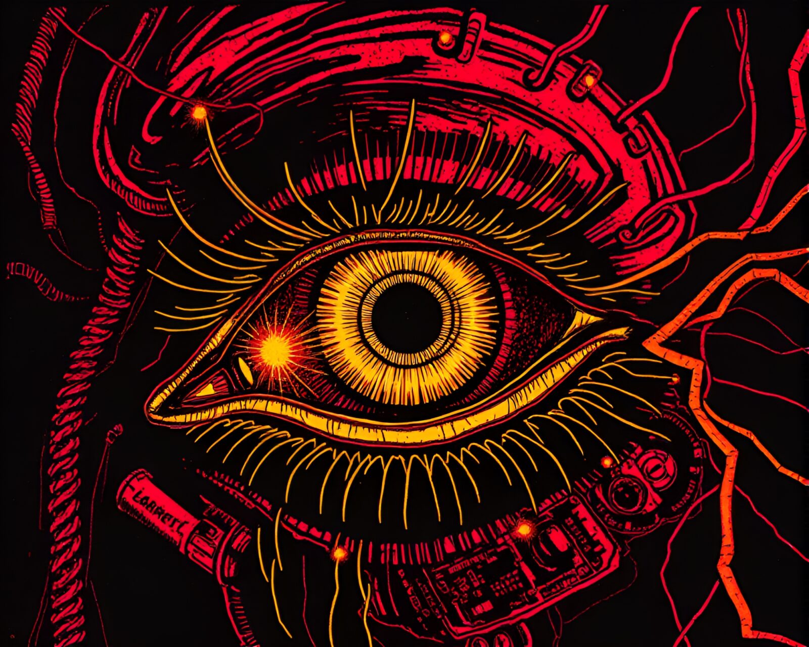 Cybernetic eye with gilded details glowing in infrared
