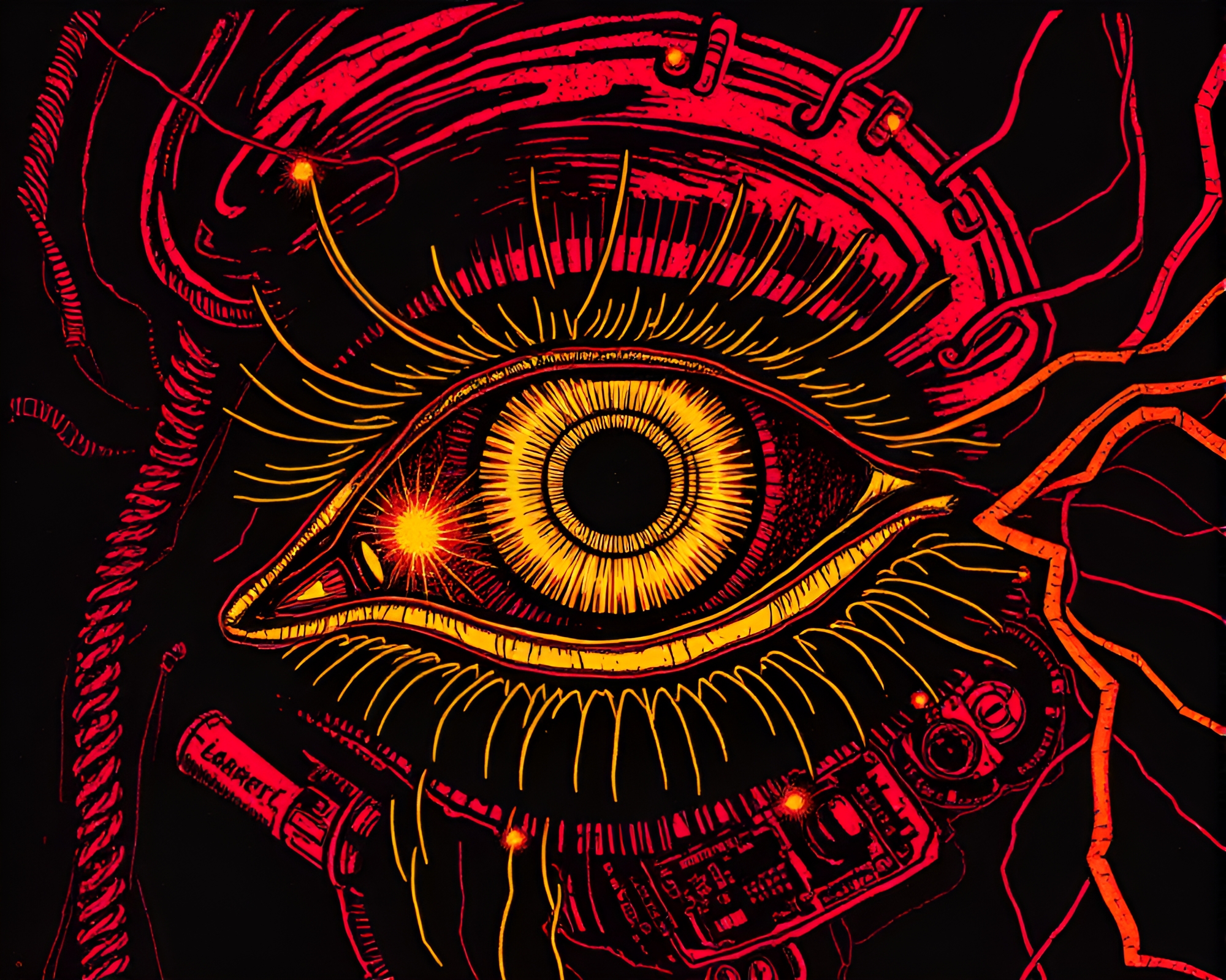 Gilded Cybernetic Eye in Infrared Woodcut Print – free AI stock image