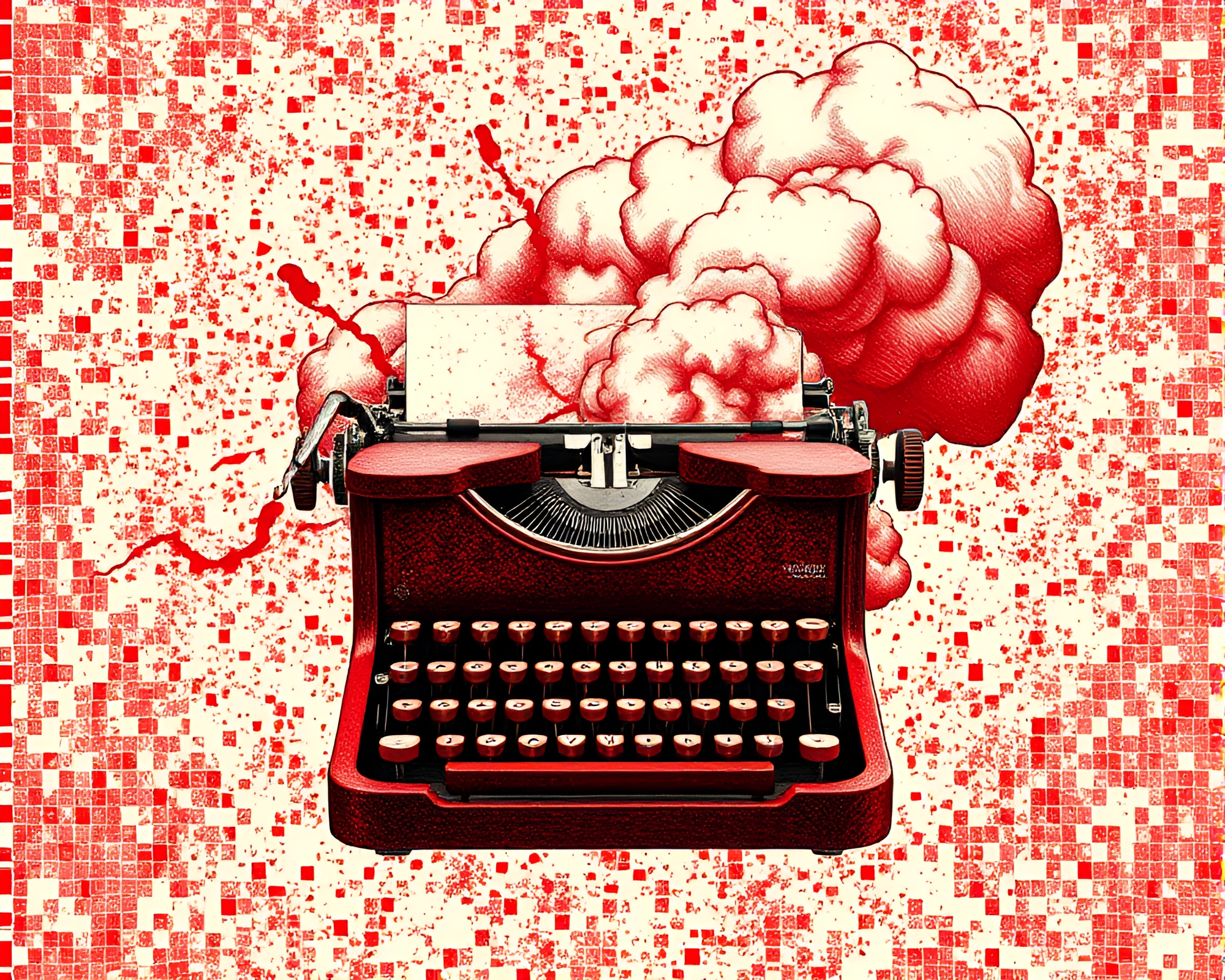 Vintage Typewriter Explosion in Monochrome Red Mosaic – free AI stock image
