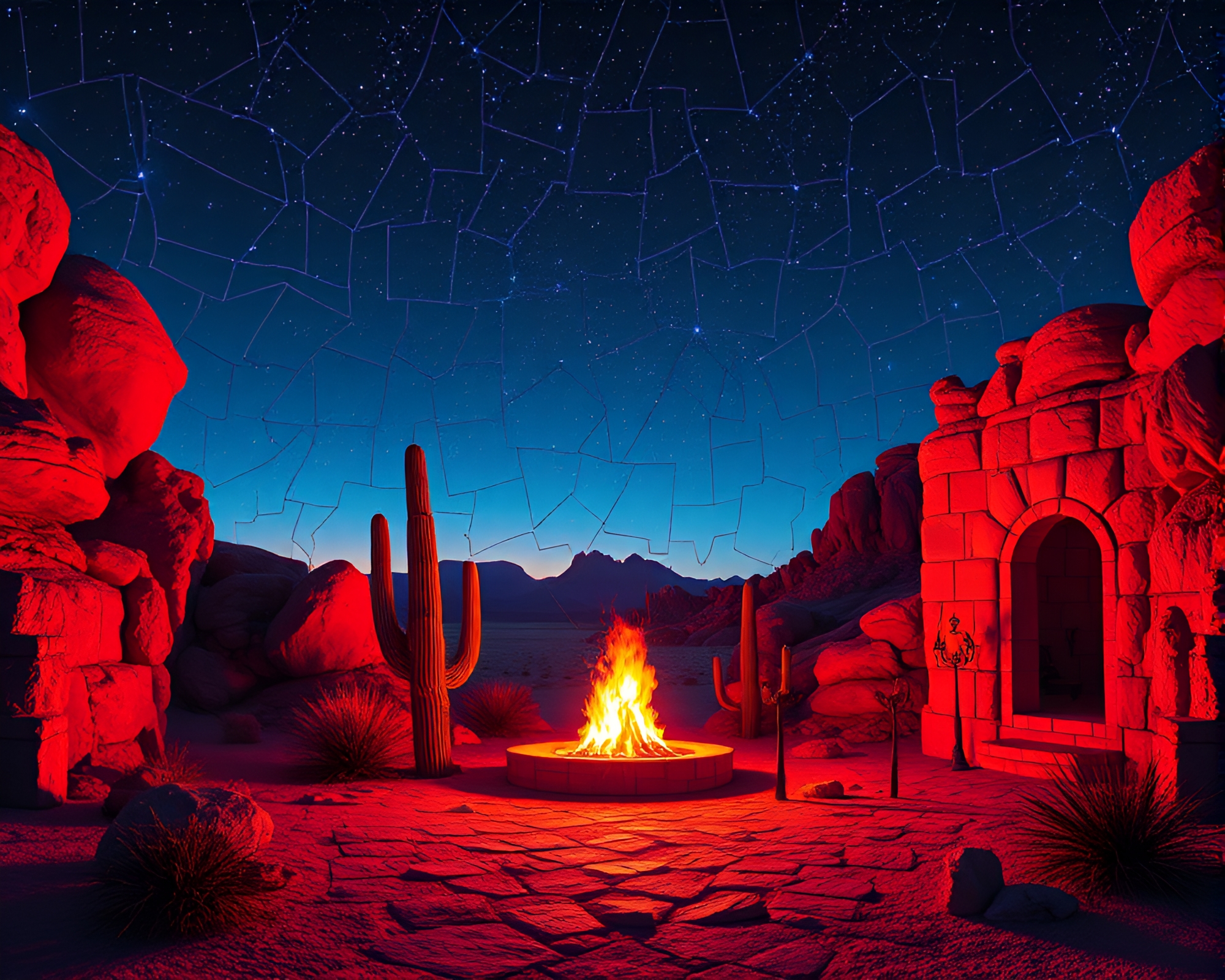 Desert Mirage Mosaic: Synthwave Fireplace Glow – free AI stock image