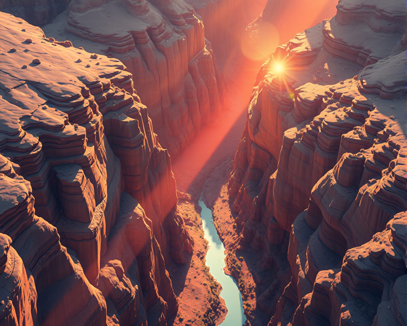 Isometric illustration of an eroded canyon with lens flare