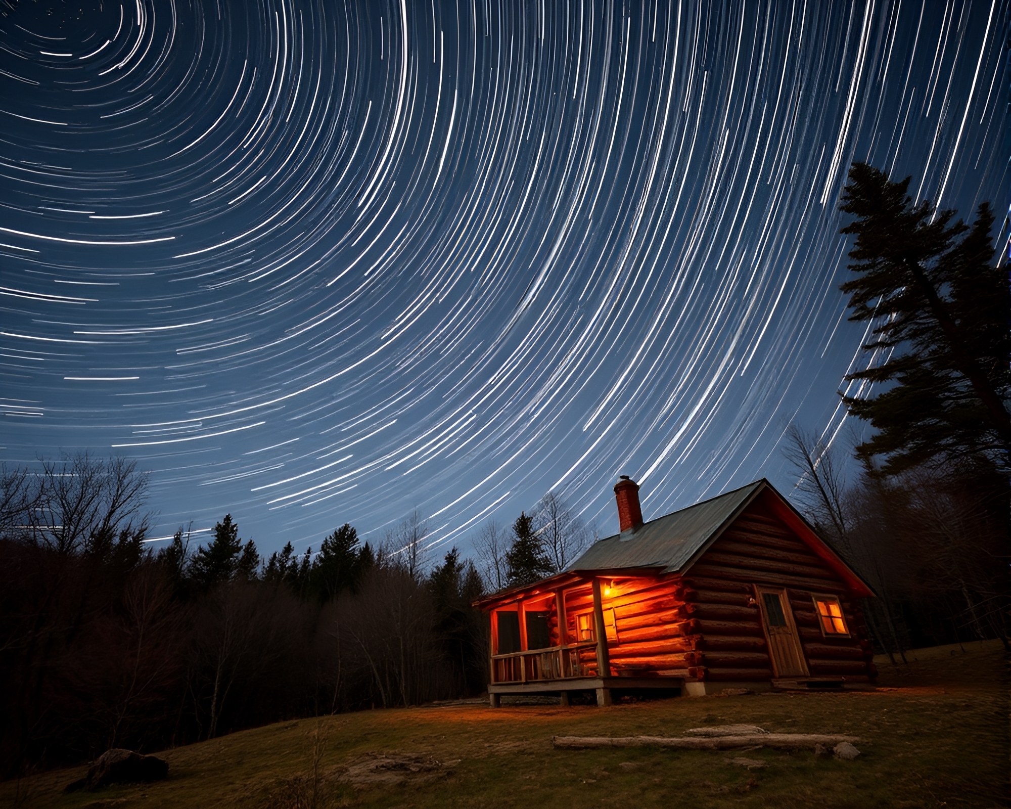 Enchanting Rustic Cabin under Star Trails in X-Ray Style – free AI stock image