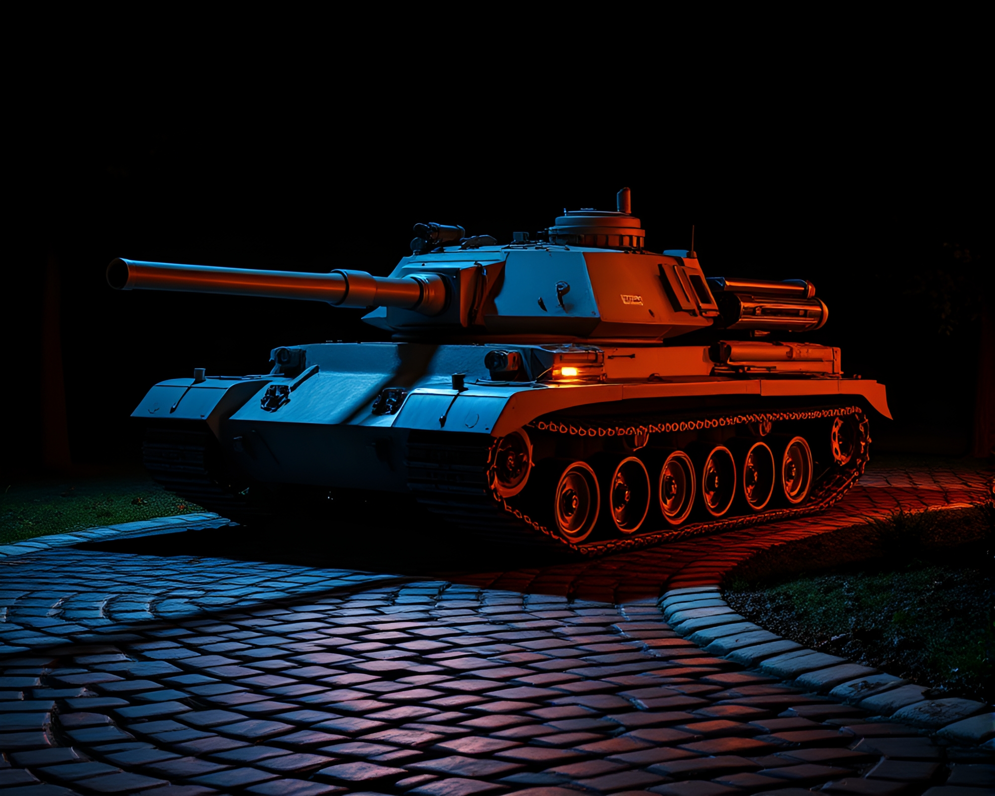 Glowing armored tank on cobblestone path – free AI stock image