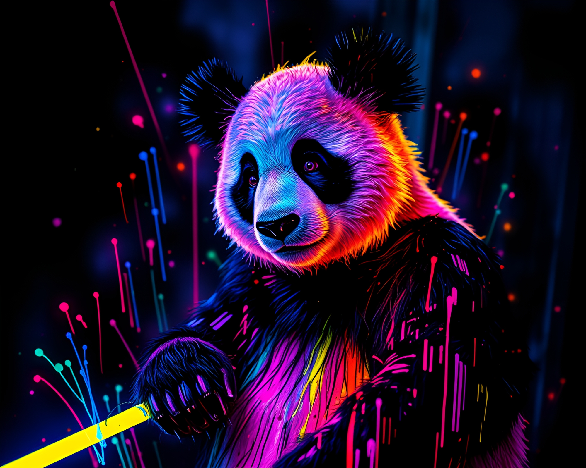 Neon Panda Under Paint Splatter Sky – free AI stock image