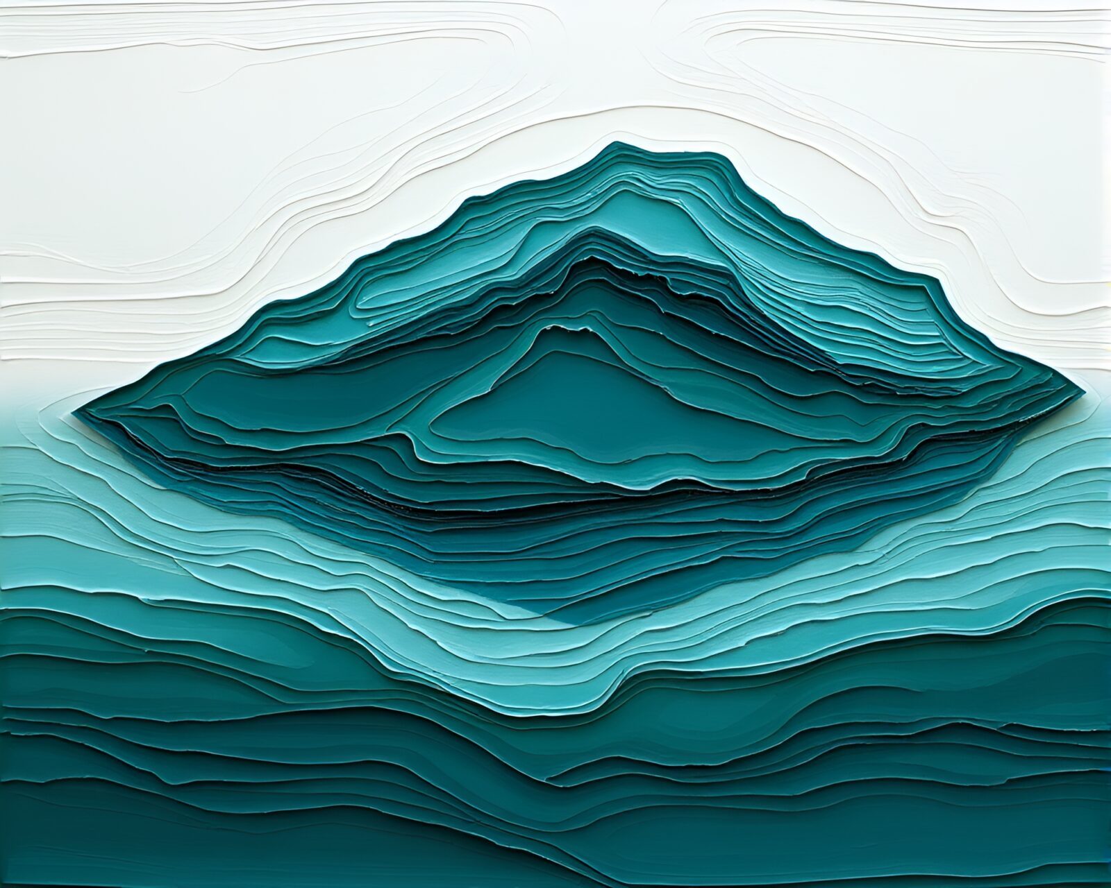 Oil impasto painting of a serene floating island in teal hues
