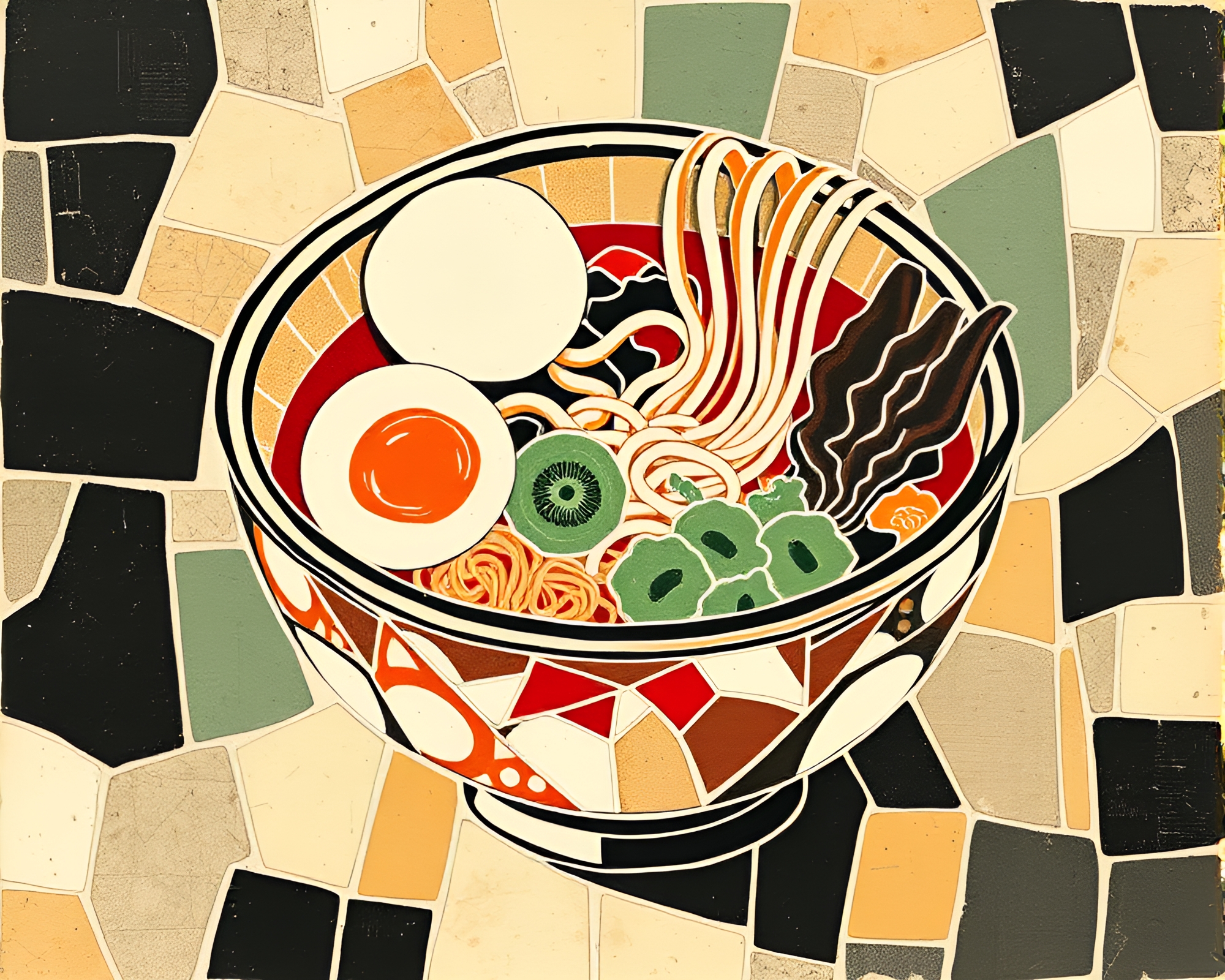 Ramen Bowl Linocut Art: Fragmented Mosaic Composition – free AI stock image