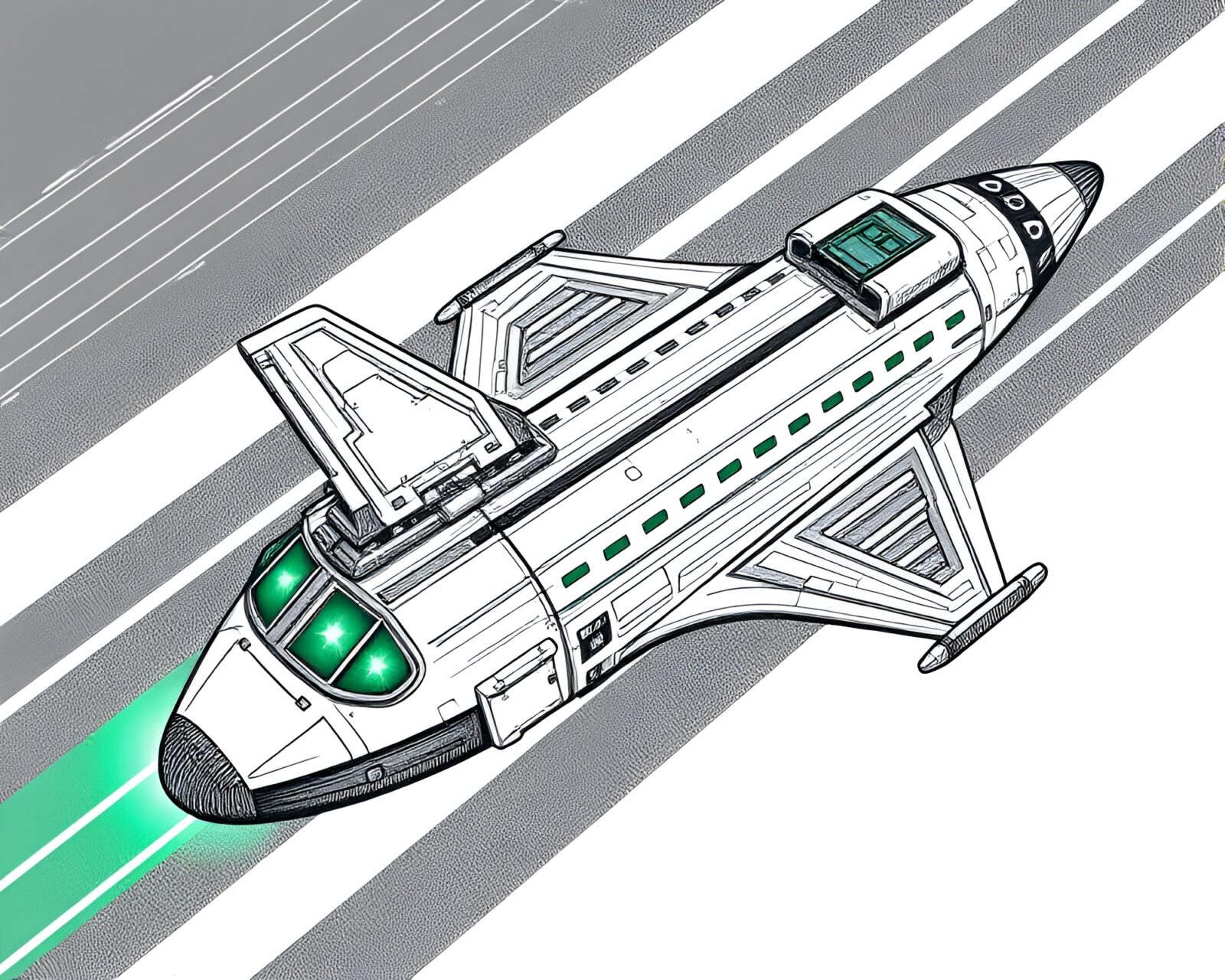 Intricate engraving of a space shuttle with emerald green glow