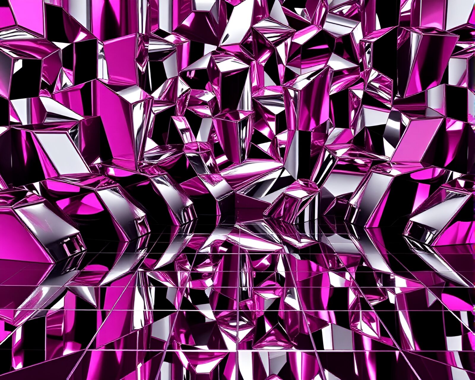 Abstract chrome reflection with tessellating patterns in magenta light.