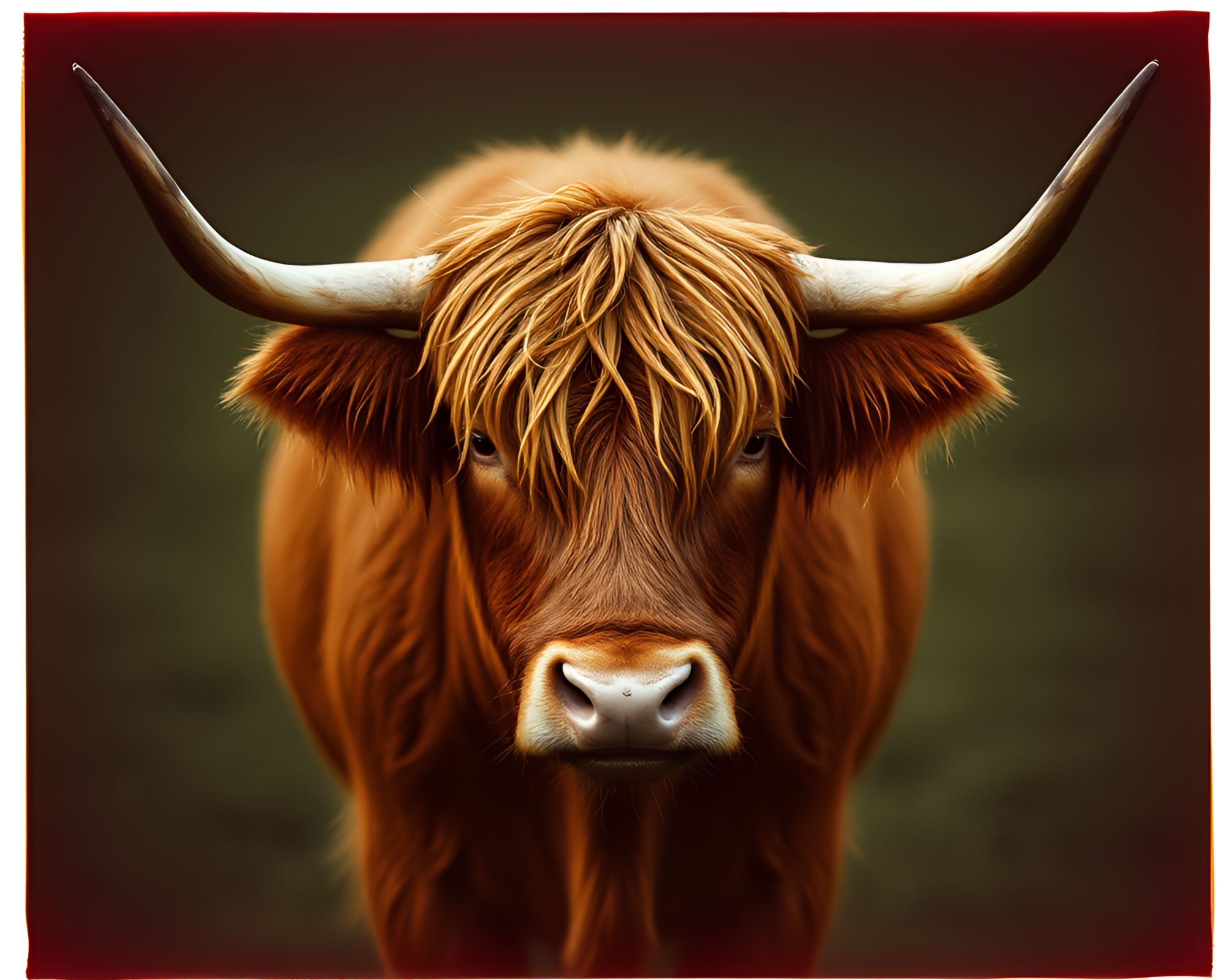 Majestic Highland Cow in Grainy Low-Light Film – free AI stock image