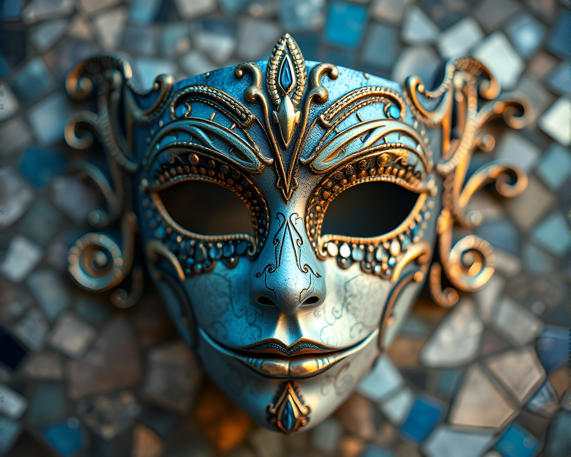 Frozen Venetian Mask in Mosaic Dust Overlay – free AI stock image