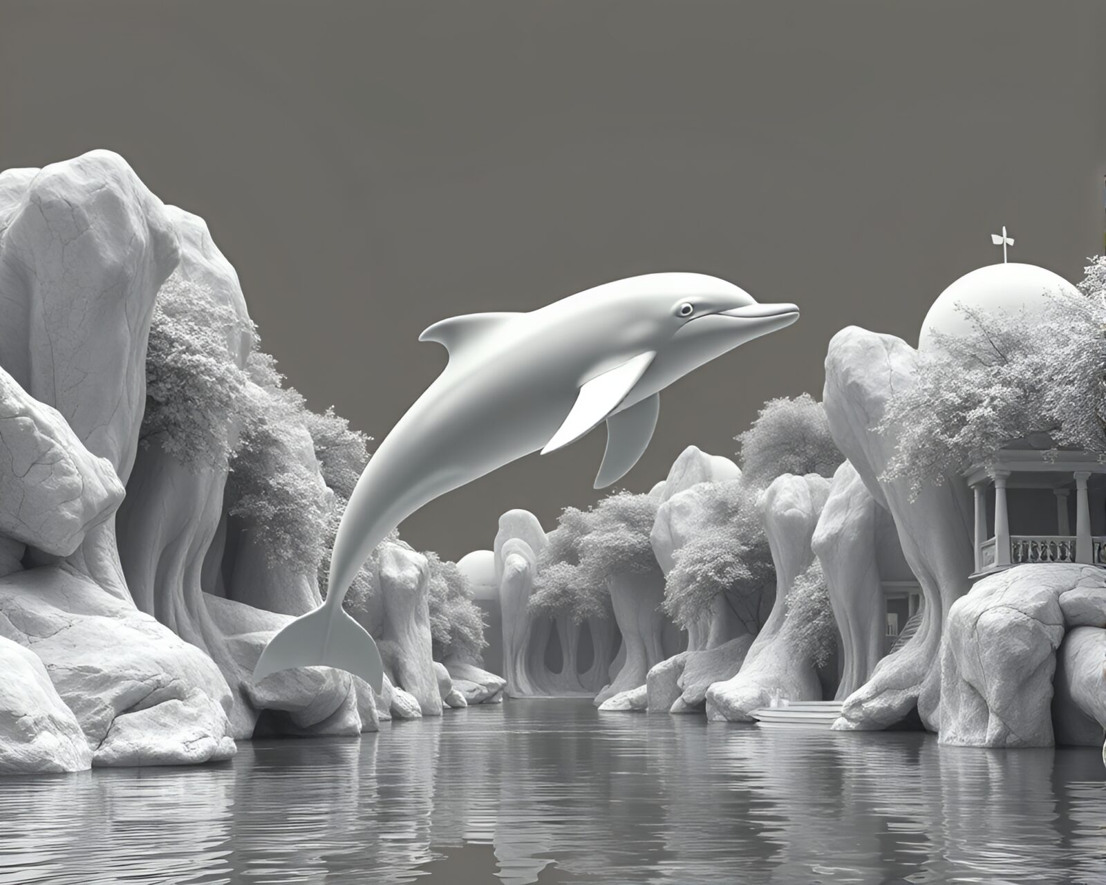 An architectural rendering of an ivory white Amazon river dolphin