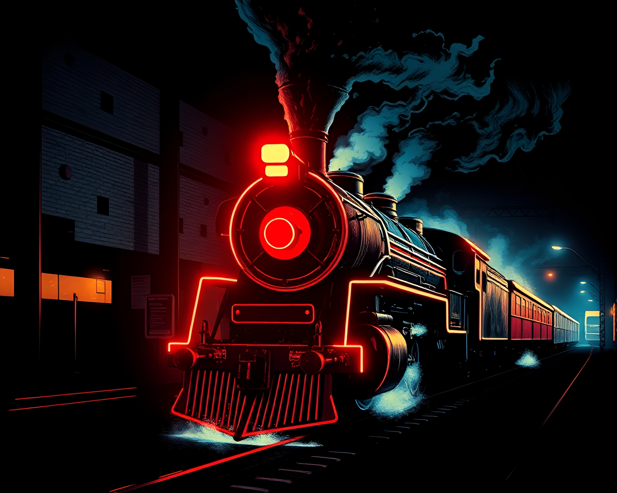 Neon Steam Locomotive in Woodcut Print Style – free AI stock image