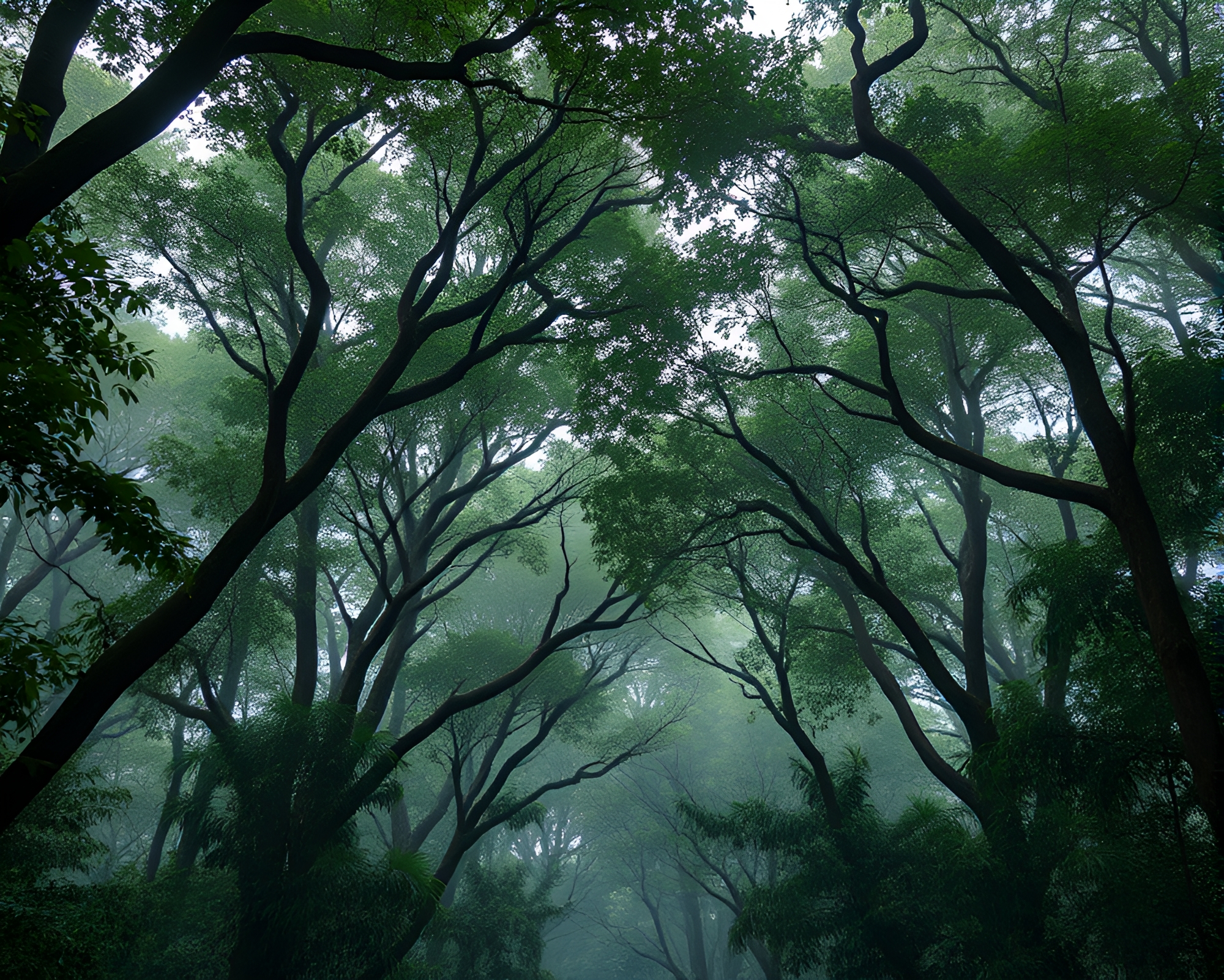 Digital Rainforest Canopy with Cloth Simulated Leaves – free AI stock image