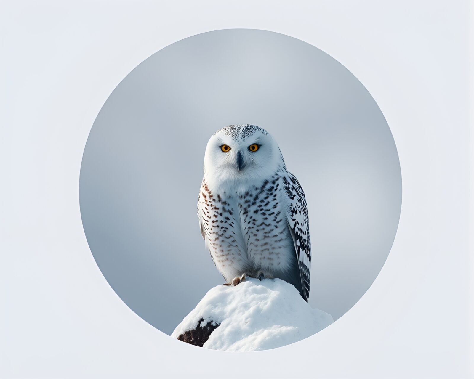 Snowy owl in abstract circular-frame design with muted shadows