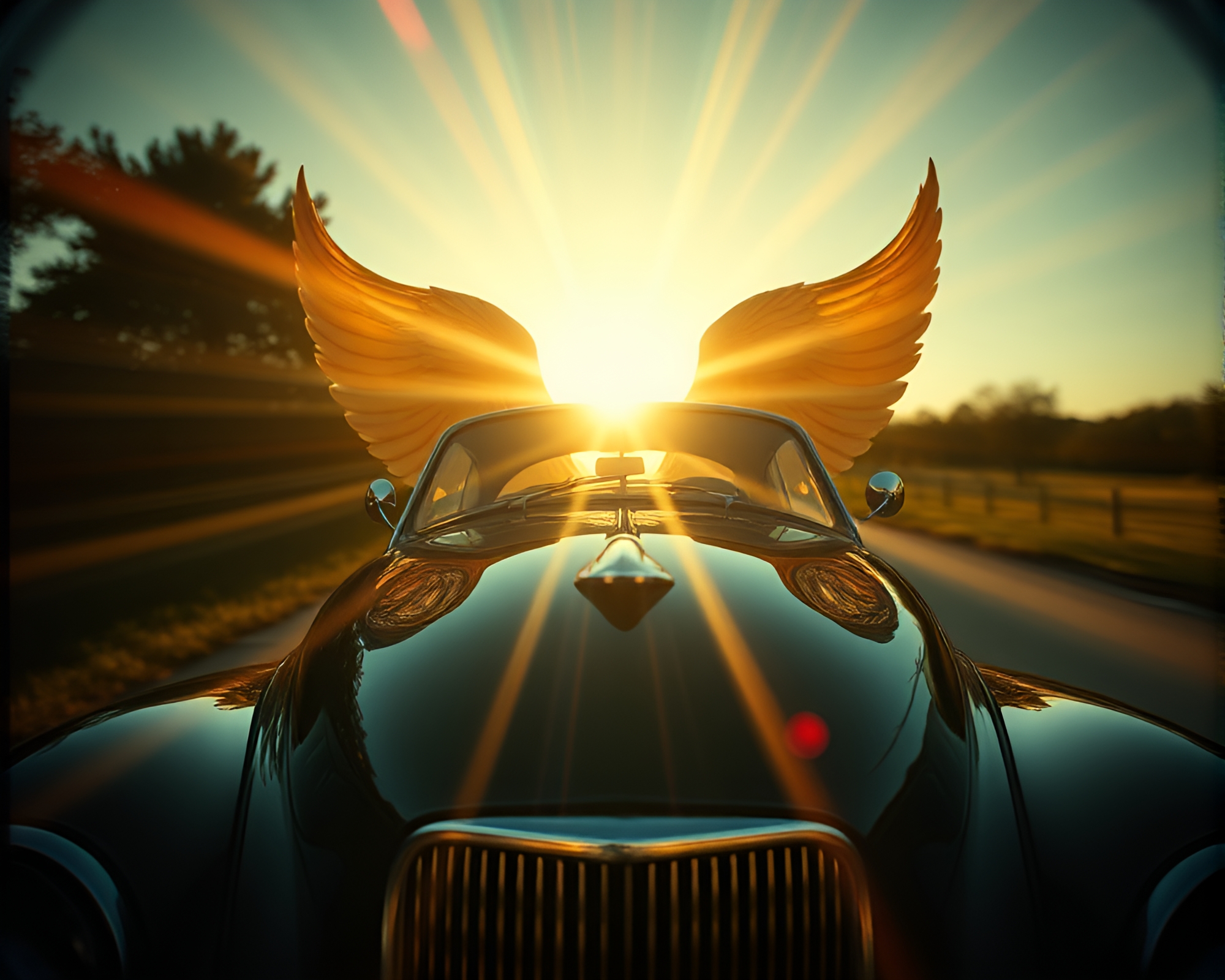 Vintage Car Bathed in God Rays with Split Focus – free AI stock image