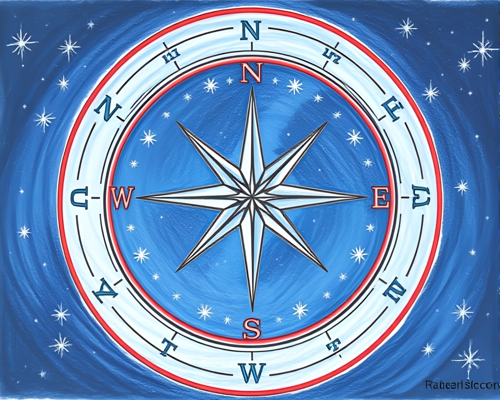 Ethereal compass stitched on starlit sky, conté drawing