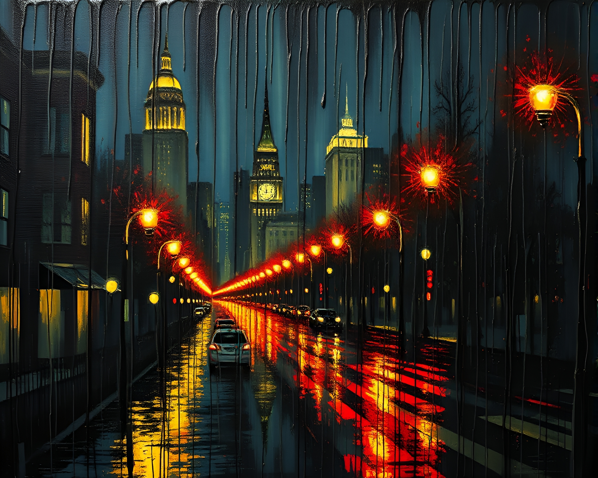 Apple Cider Night Drip Painting in Chiaroscuro Cityscape – free AI stock image