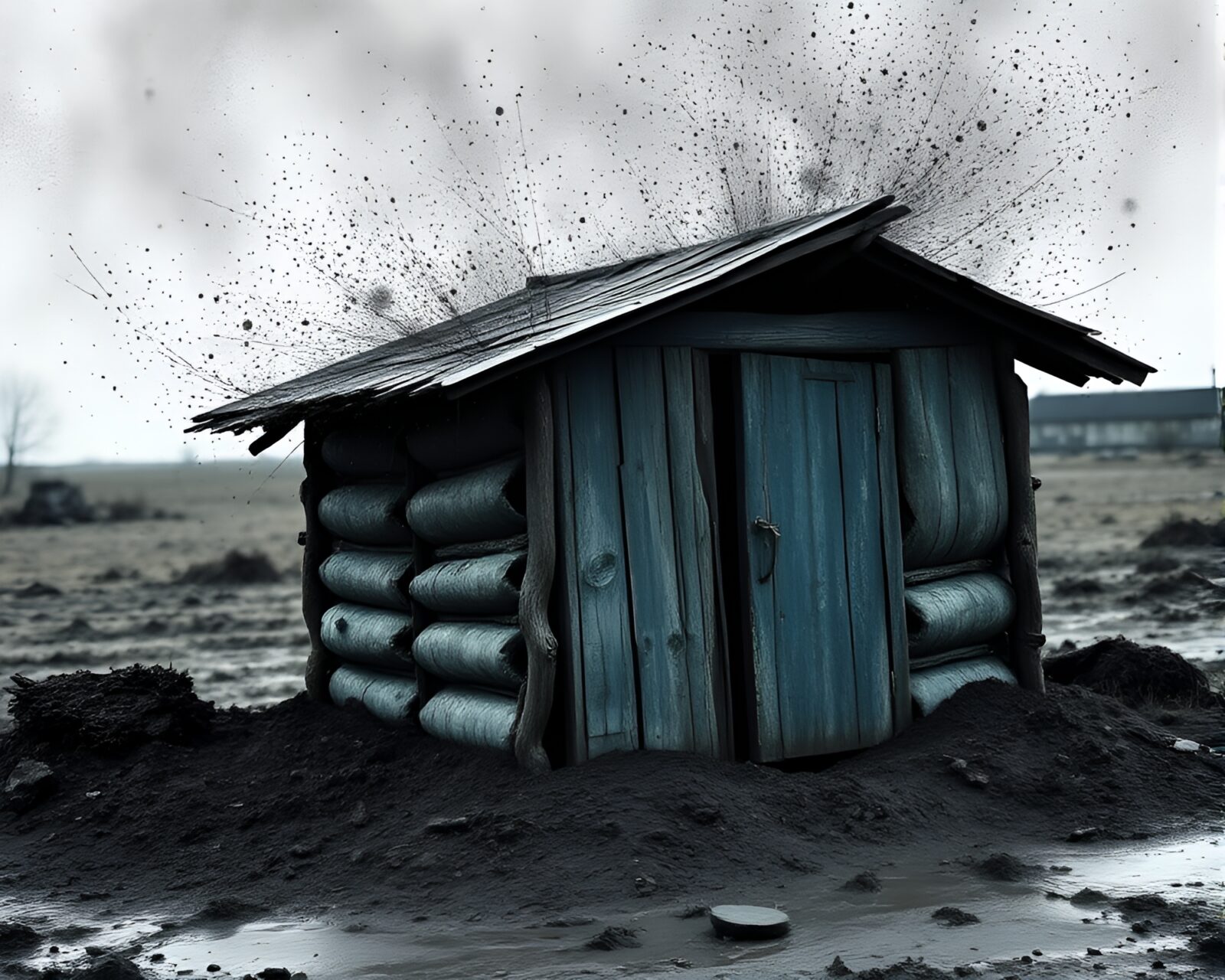 Intricate ink splashes surrounding a mud hut in faded denim hues