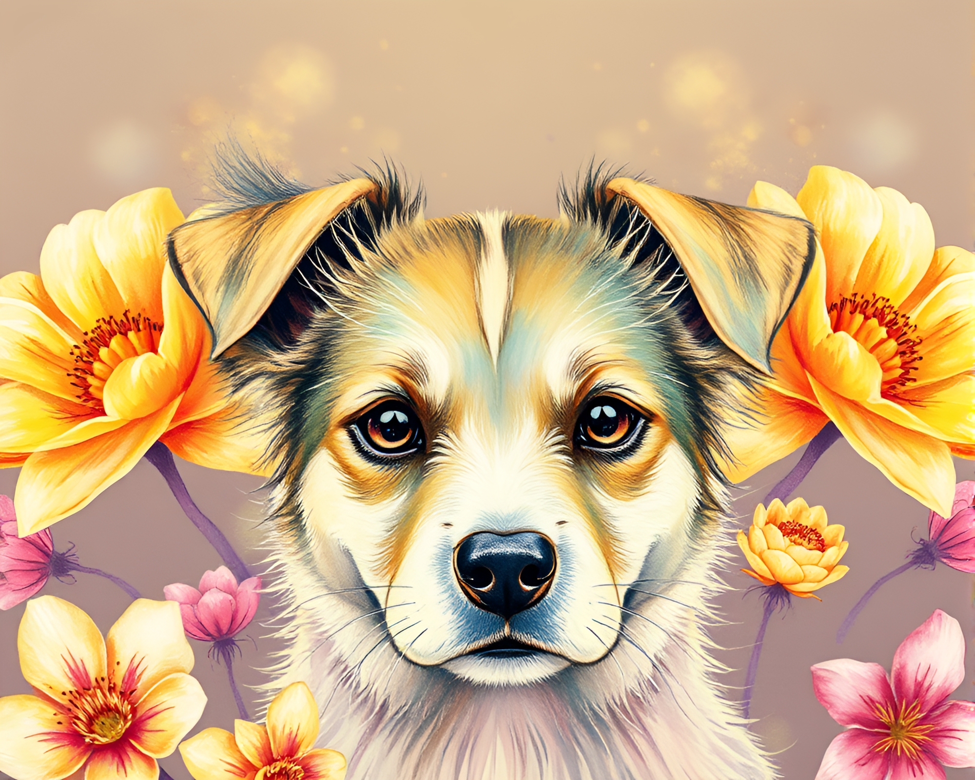 Ethereal Holographic Pet Blooms in Monochrome Yellow Watercolor – free AI stock image