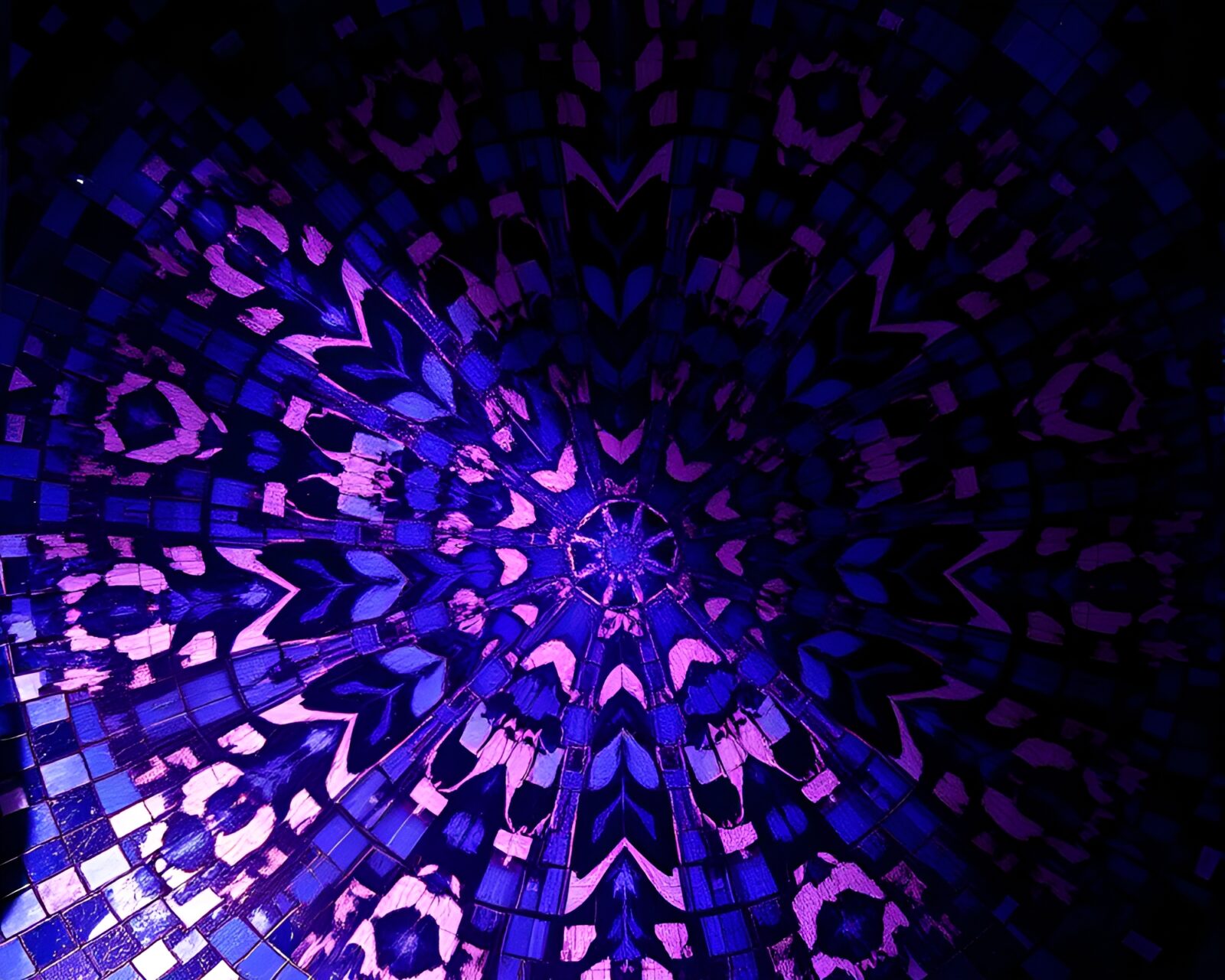 Intricate tiled mosaic in indigo colors with spotlight effect