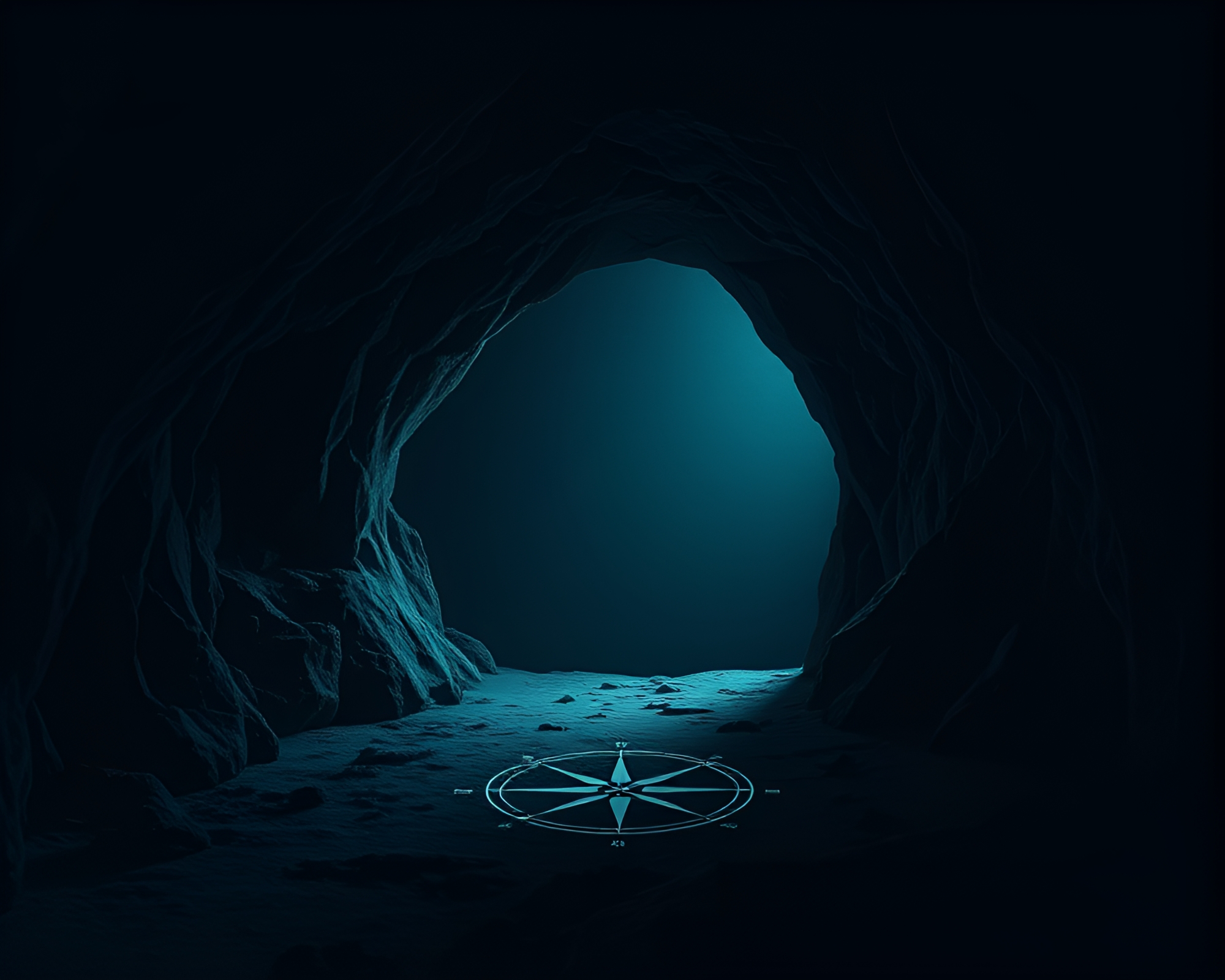 Holographic Compass at Dark Cave Entrance – free AI stock image