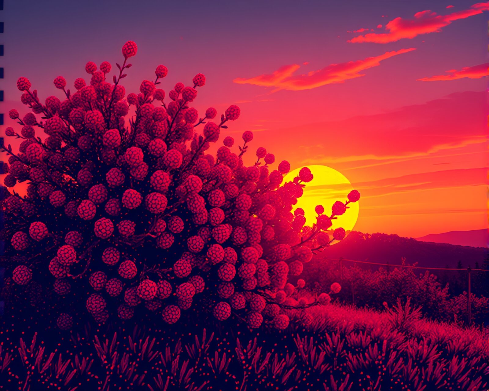 Dynamic dot matrix portraying vibrant raspberry bush at sunset.