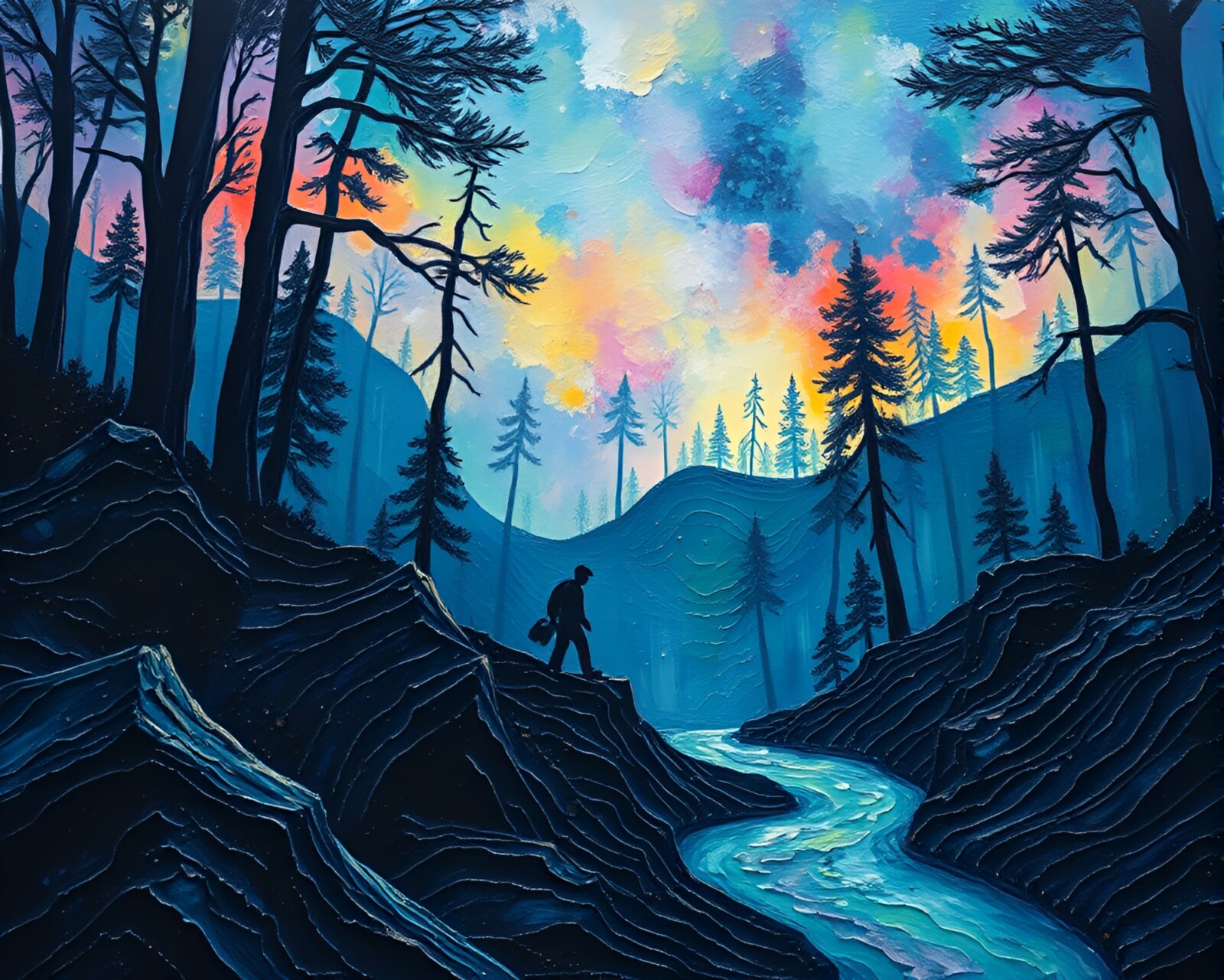 Vibrant bioluminescent trees reflecting prism light in gouache art