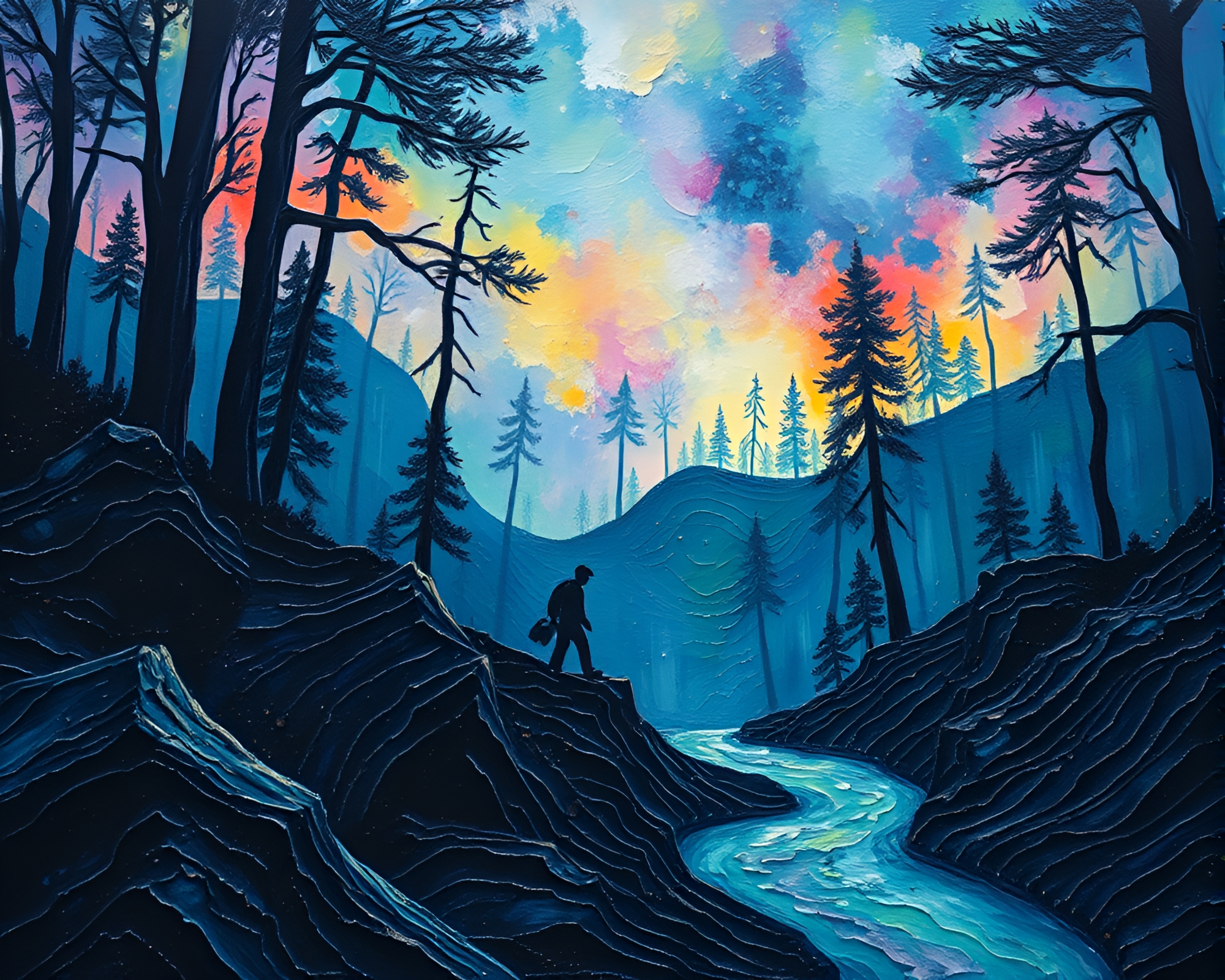 Bioluminescent Forest Kaleidoscope Gouache Painting – free AI stock image